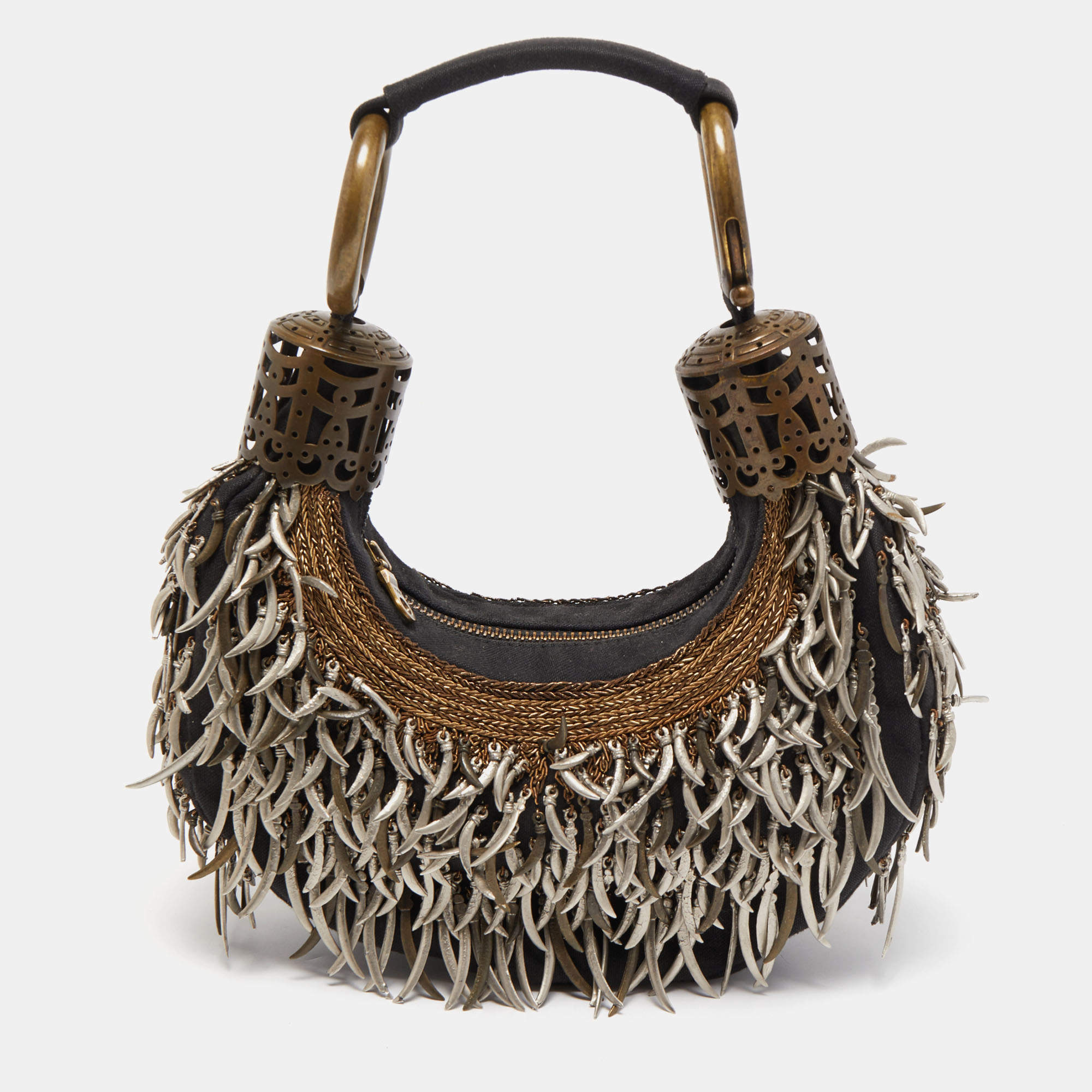Chloe Black Canvas Embellished Crescent Hobo