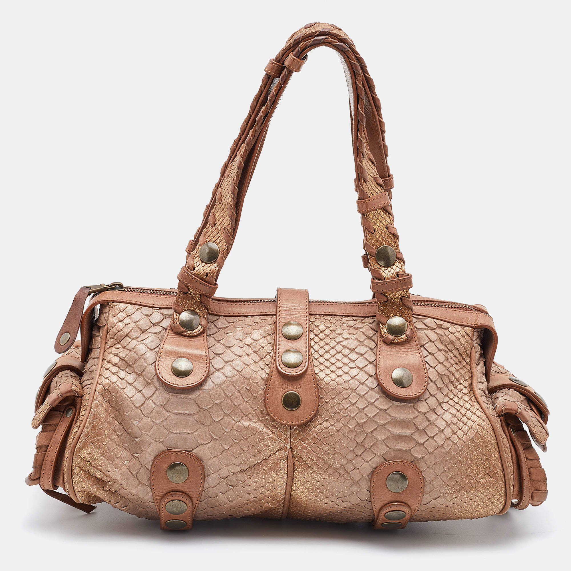 Pre Owned Chloe Brown/Bronze Python and Leather Silverado Satchel