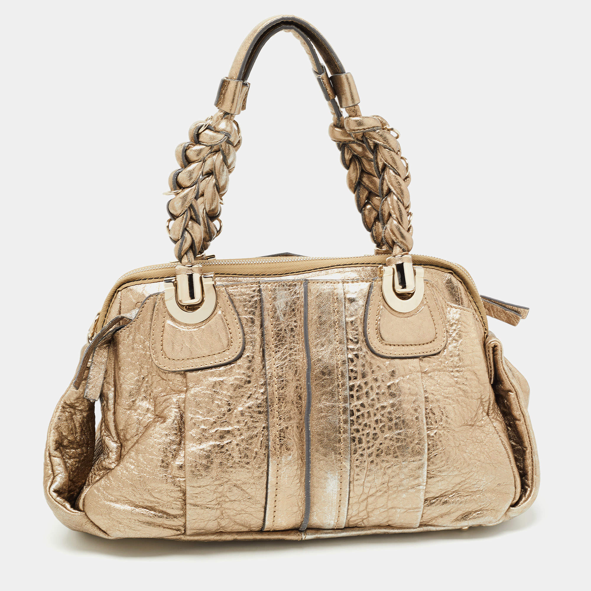 Pre Owned Chloe Metallic Gold Textured Leather Heloise Satchel
