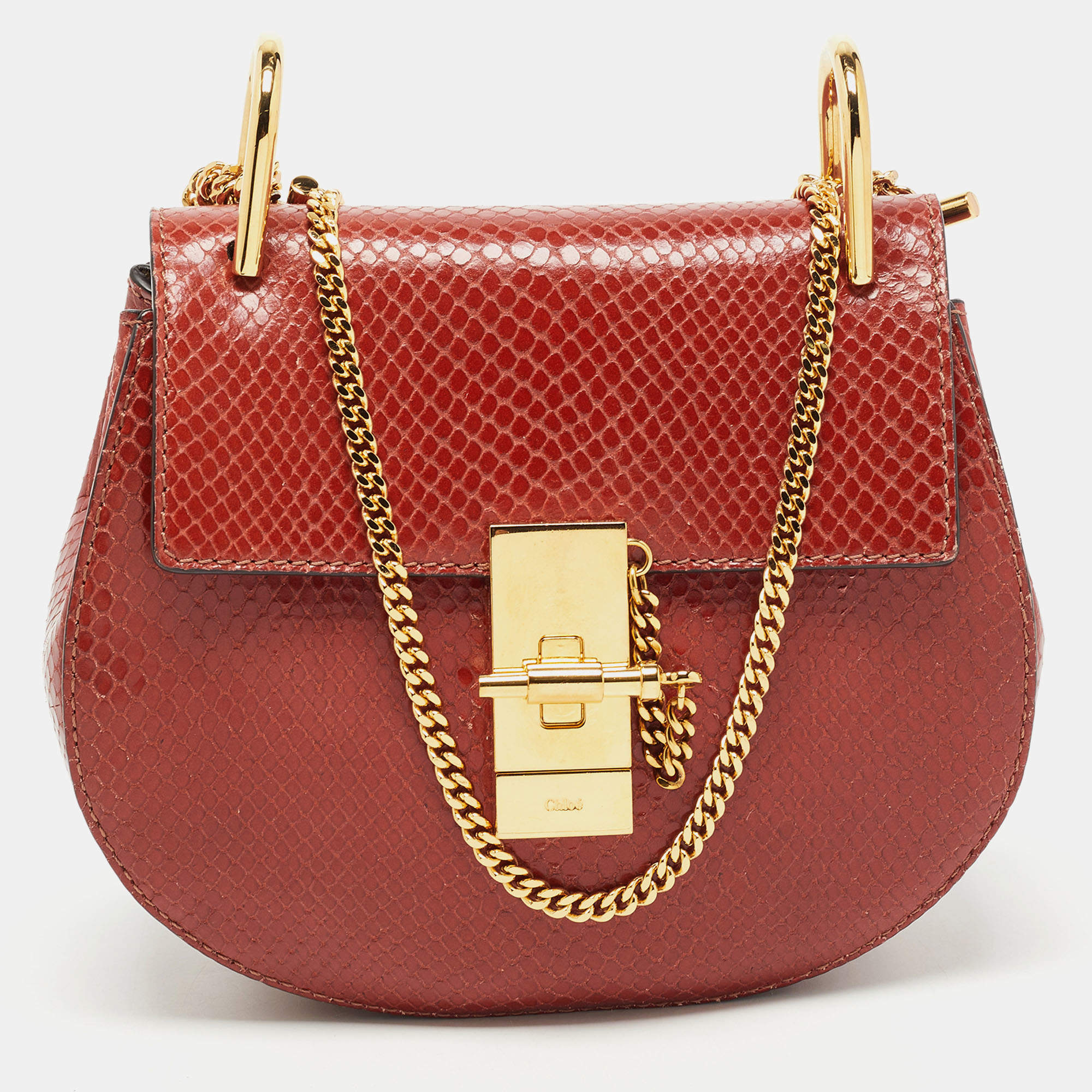 Pre Owned Chloe Brown Snakeskin Embossed Leather Small Drew Crossbody Bag