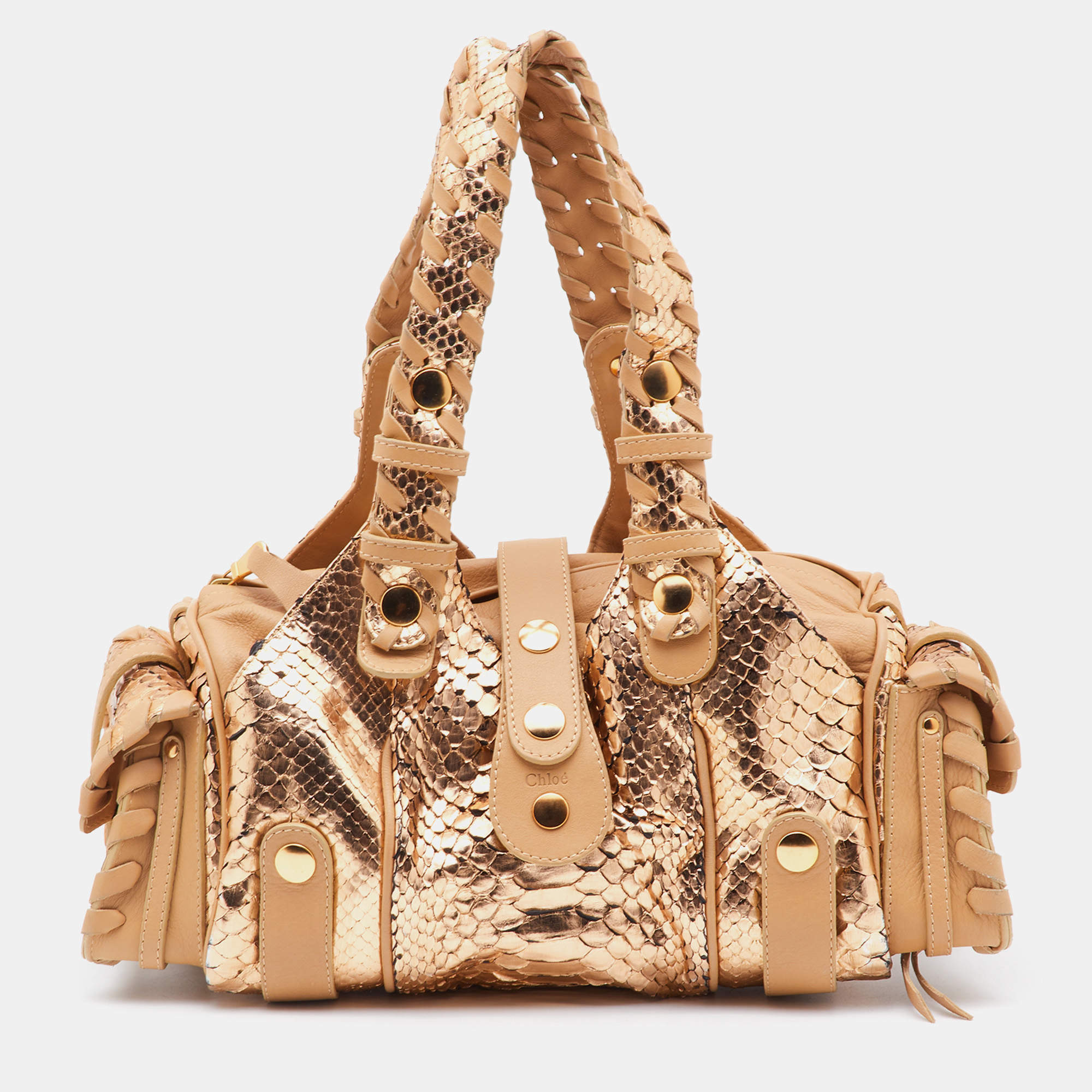 Pre Owned Chloe Gold/Beige Python and Leather Silverado Satchel