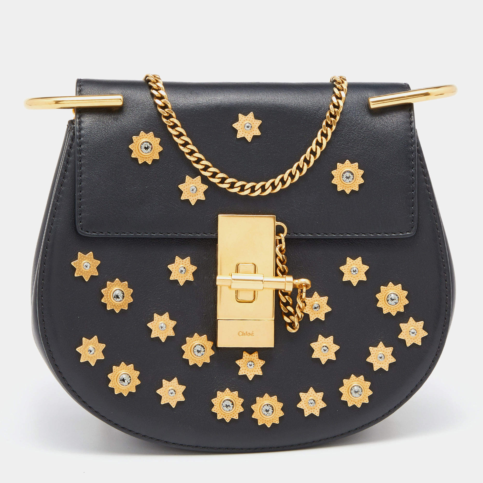 Chloe Black Leather Small Crystals Embellished Drew Shoulder Bag