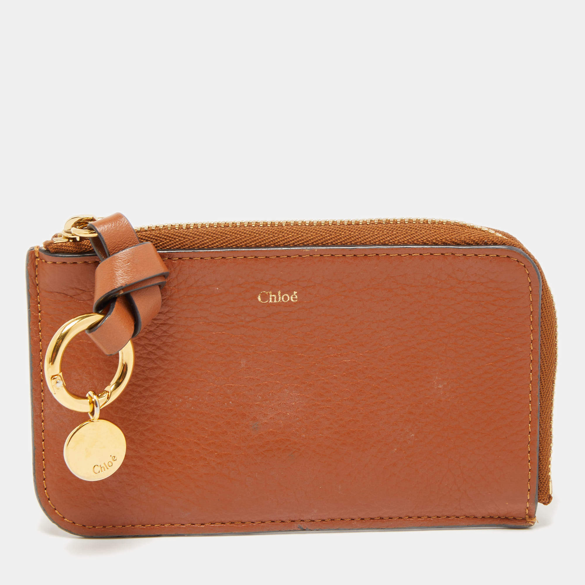 Pre Owned Chloe Brown Leather Alphabet Zip Card Holder