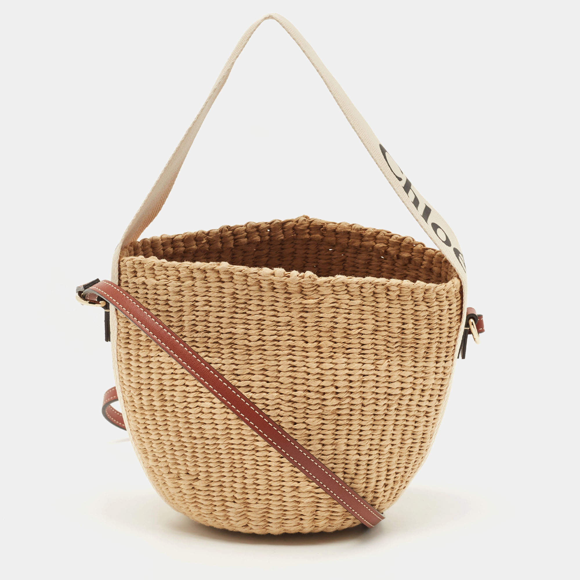 Chloe Beige/Tan Raffia and Leather Small Woody Bucket Bag