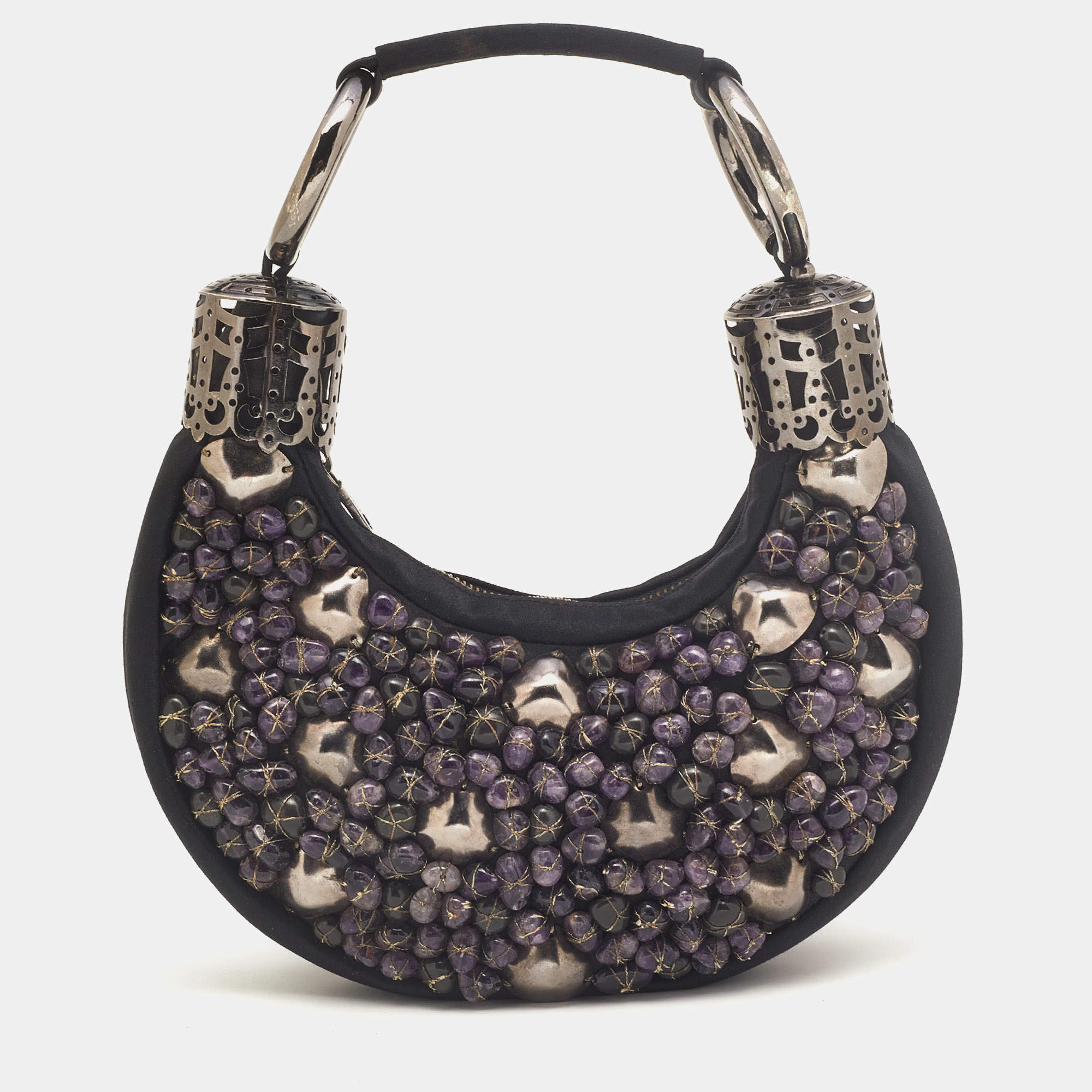 Chloe Black/Purple Satin Stone Beads Embellished Crescent Hobo