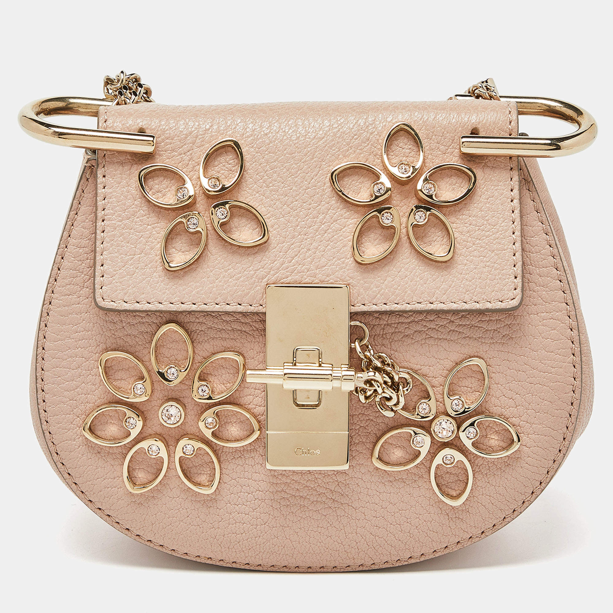 Pre Owned Chloe Pink Leather Nano Floral Metal Embellished Drew Crossbody Bag