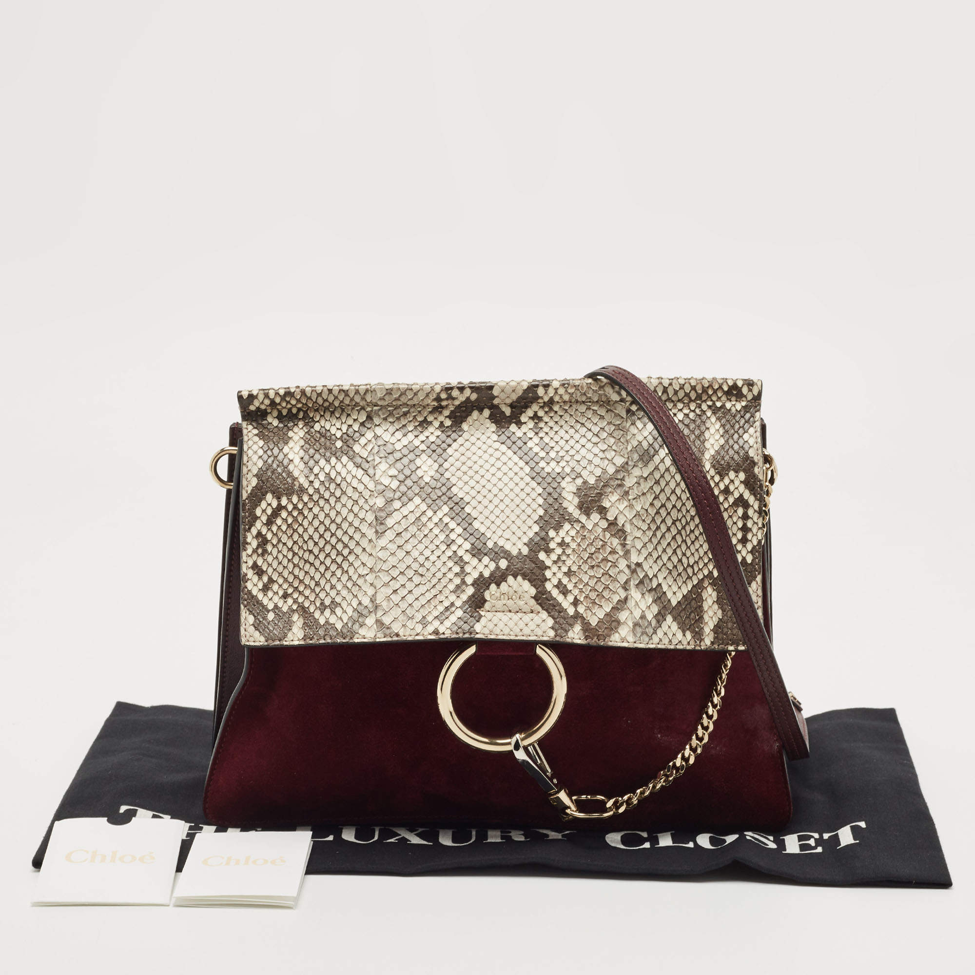 Chloe Burgundy/Beige Python and Suede Medium Faye Shoulder Bag Chloe | TLC