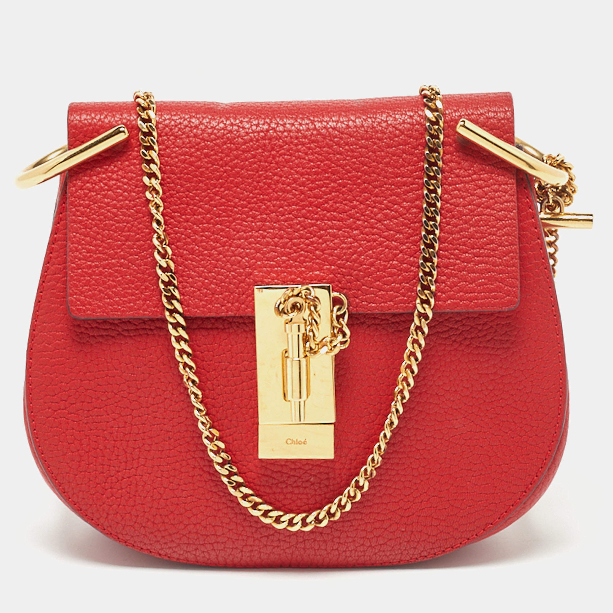 Pre Owned Chloe Red Leather Small Drew Chain Crossbody Bag