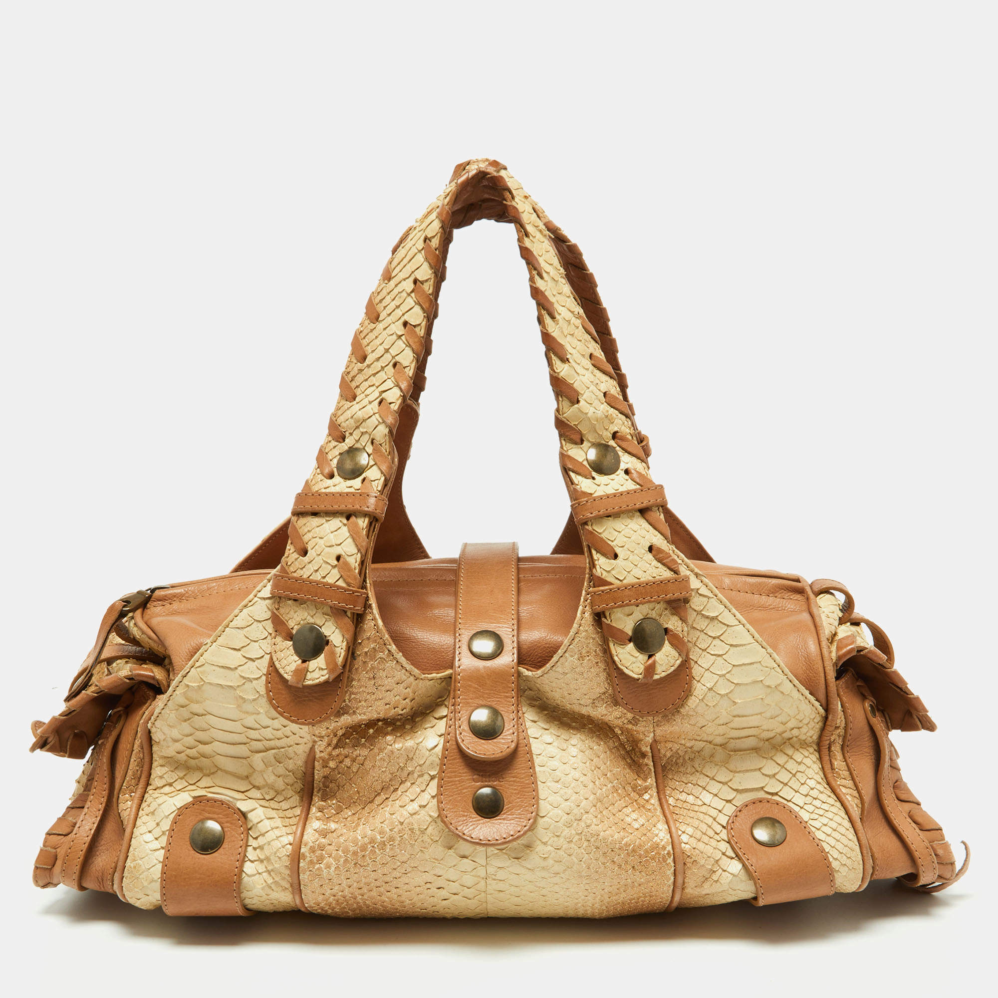 Pre Owned Chloe Beige/Brown Glittery Python and Leather Silverado Satchel