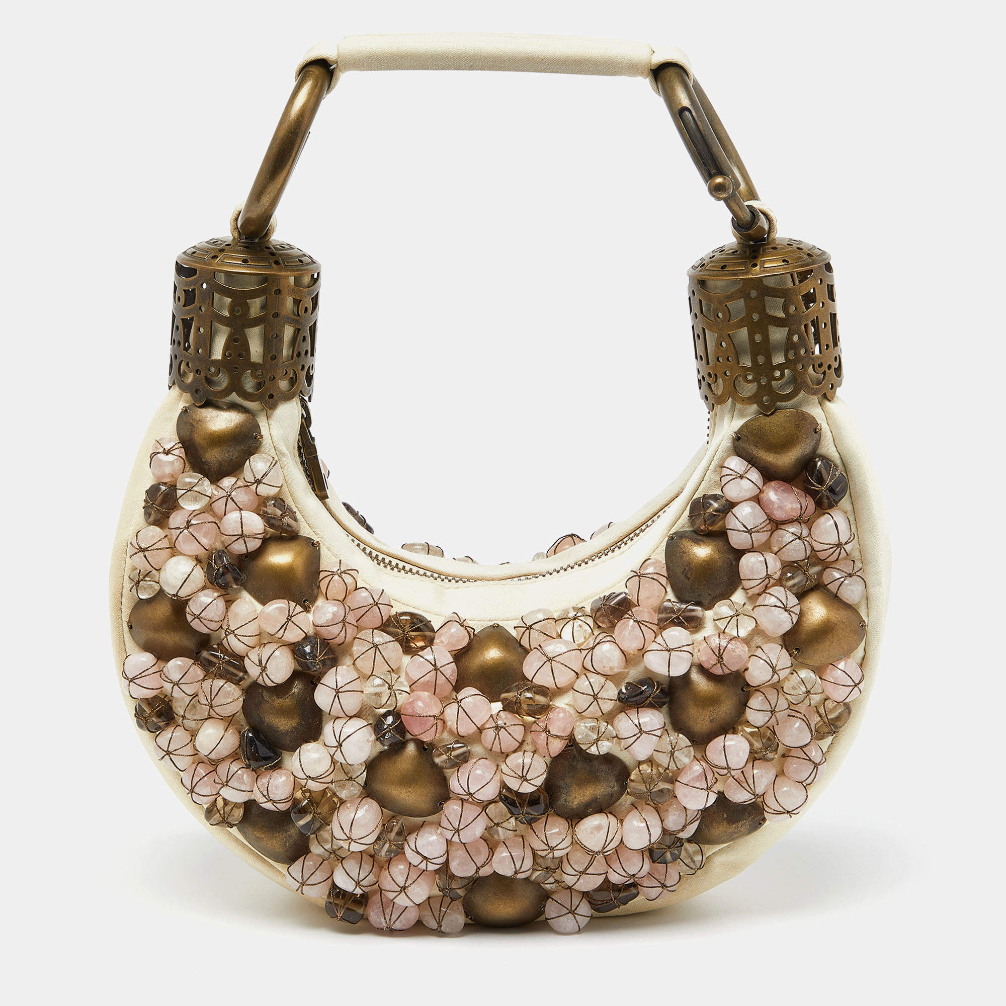 Chloé Beige Fabric Small Pebbles Stone Embellished Hobo