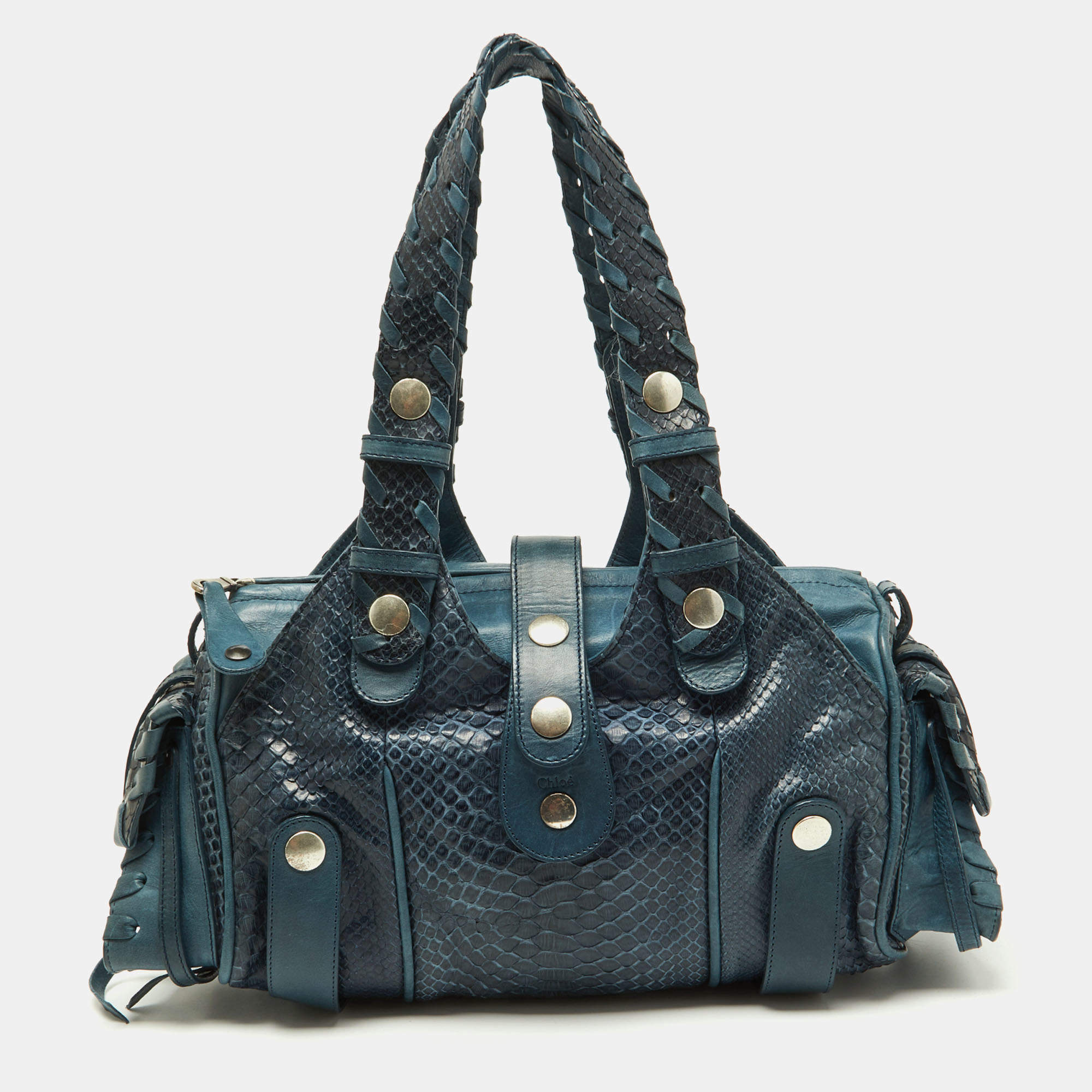 Pre Owned Chloe Two Tone Blue Python and Leather Silverado Satchel