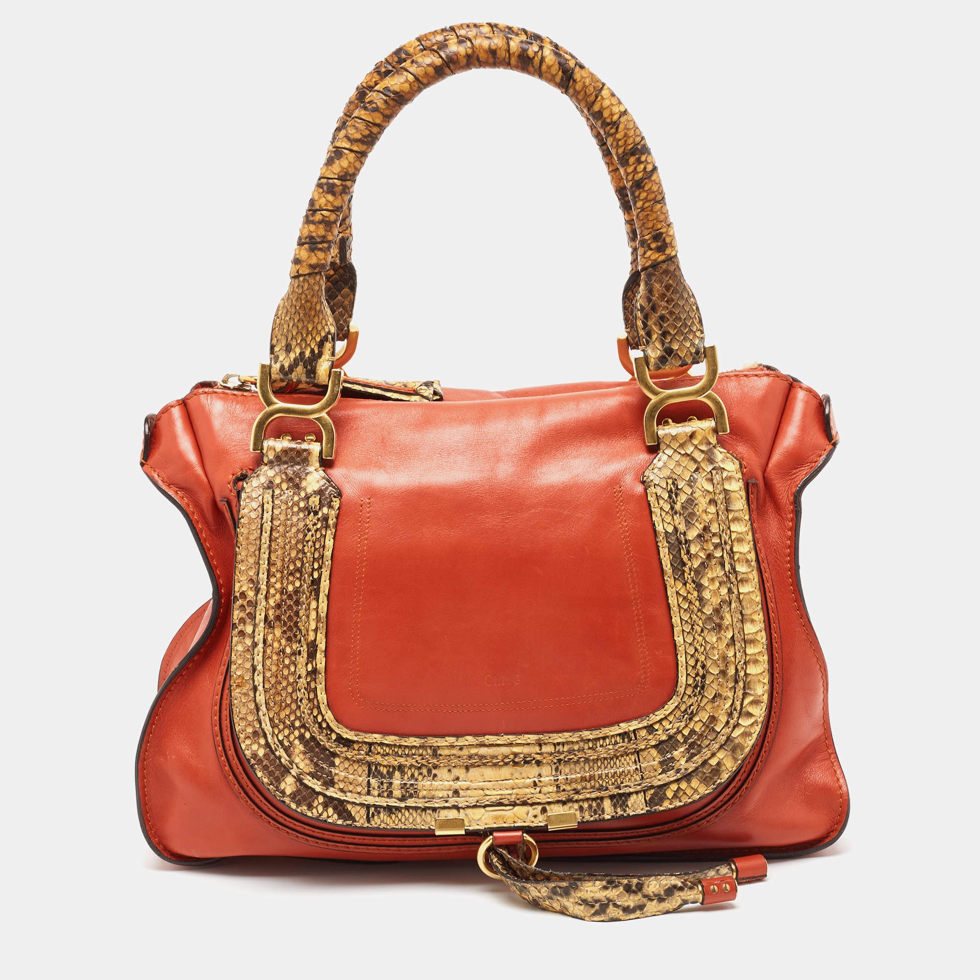 Pre Owned Chloe Tan/Beige Python And Leather Marcie Shoulder Bag