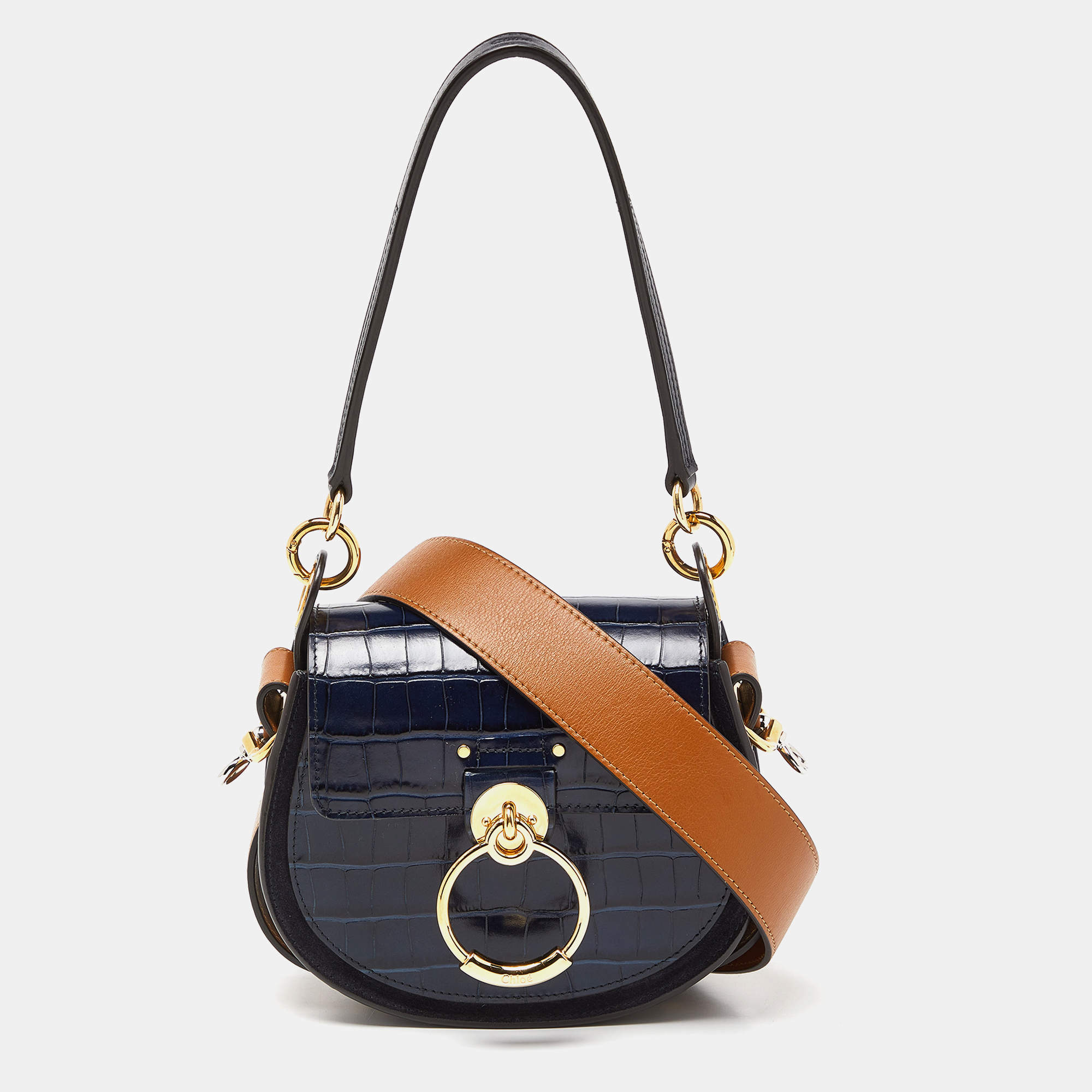 Pre Owned Chloe Blue/Tan Crocodile Embossed Leather, Suede and Leather Small Tess Crossbody Bag