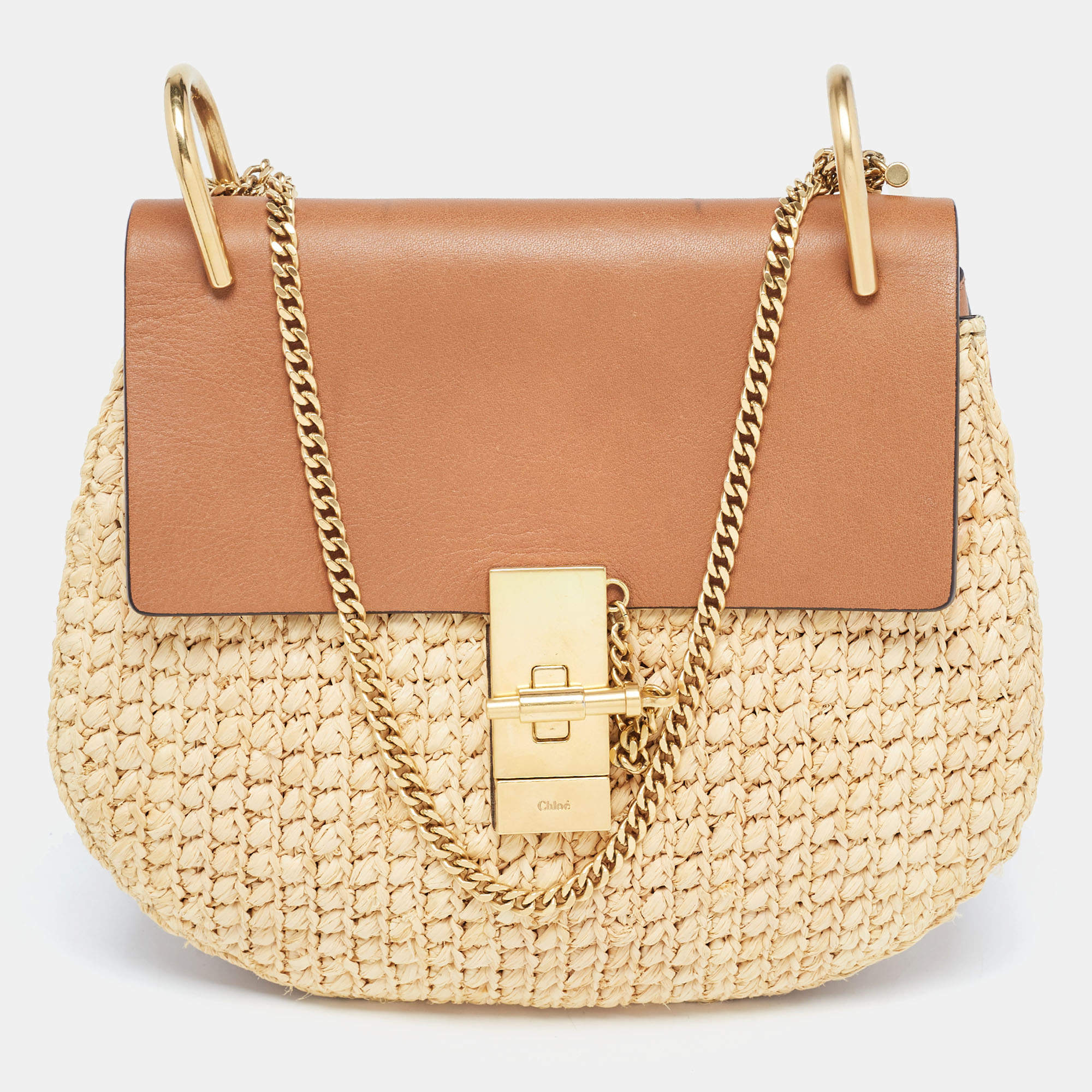 Pre Owned Chloe Beige/Tan Raffia and Leather Medium Drew Shoulder Bag