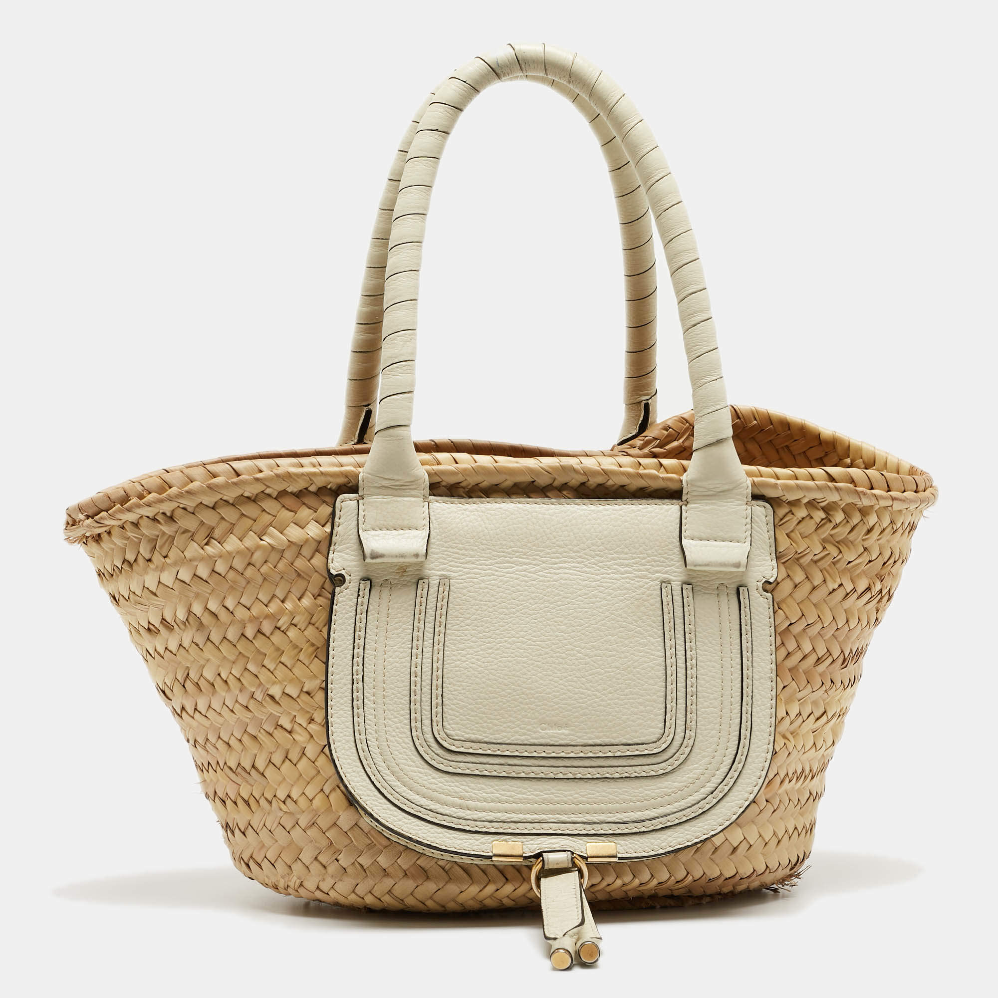 Chloe Beige/Cream Straw and Leather Medium Marcie Basket Bag