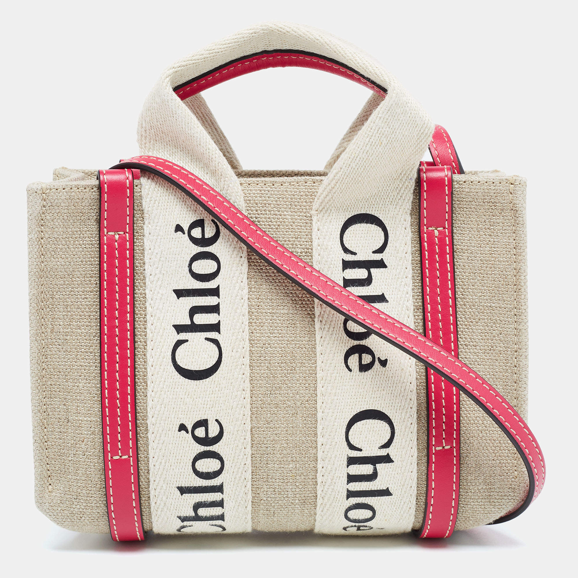 Pre Owned Chloe Pink/Beige Canvas and Leather Mini Woody Tote