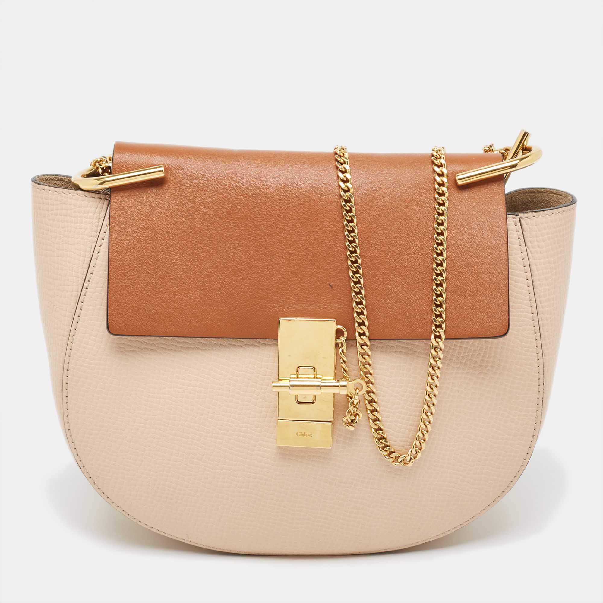 Chloe Peach/Brown Pebbled Leather Medium Drew Shoulder Bag