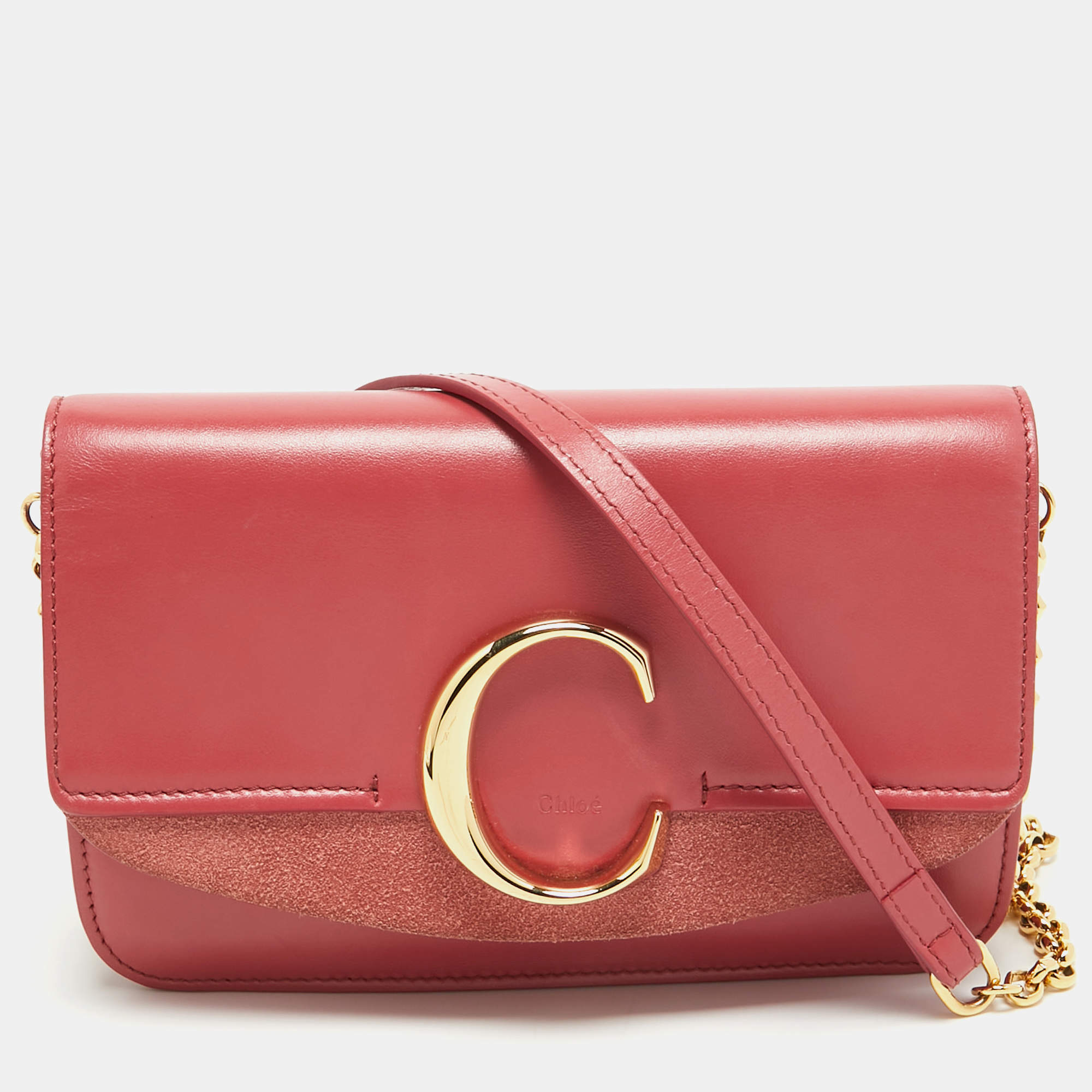 Pre Owned Chloe Pink Leather and Suede C Chain Clutch
