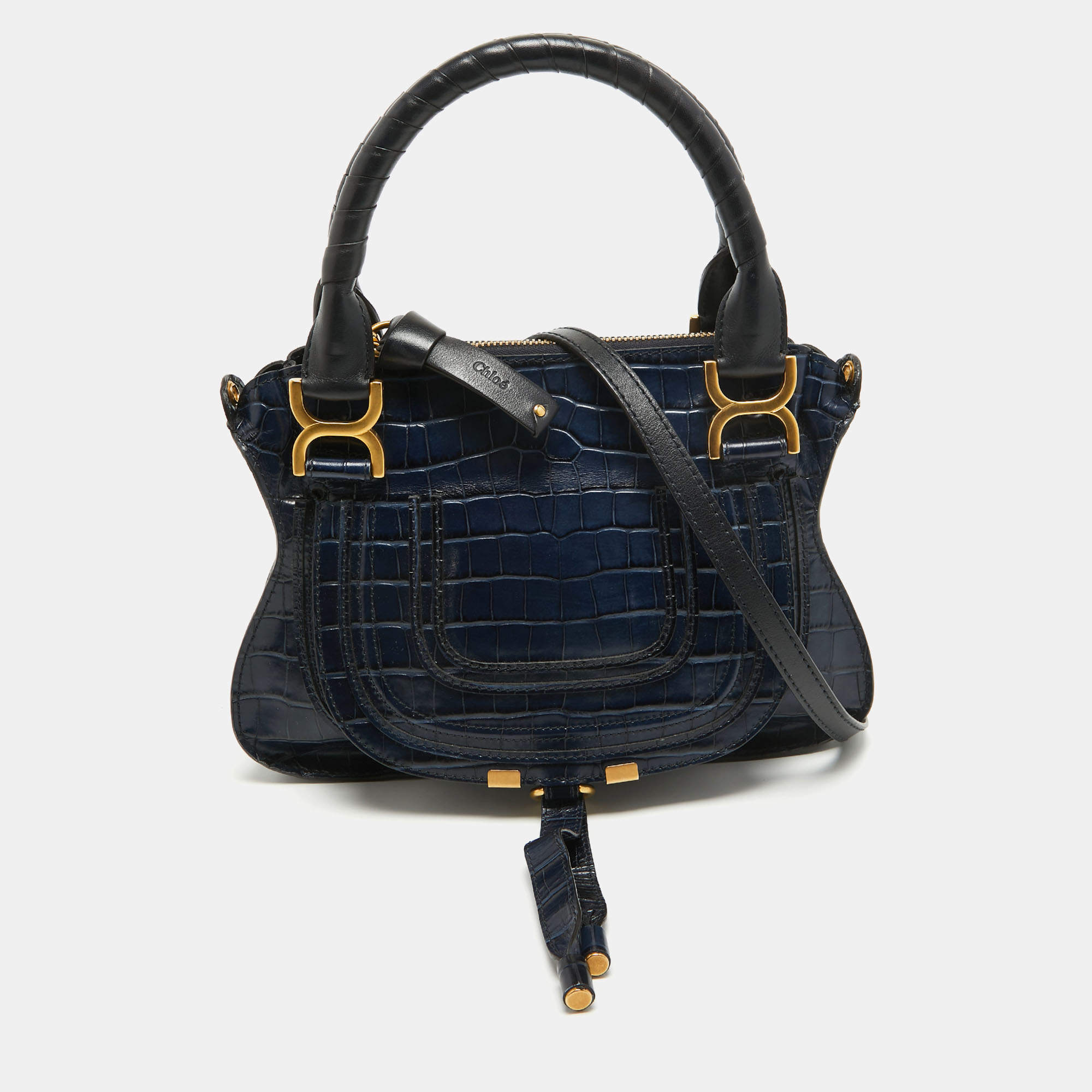Pre Owned Chloe Navy Blue Croc Embossed Leather Marcie Hobo
