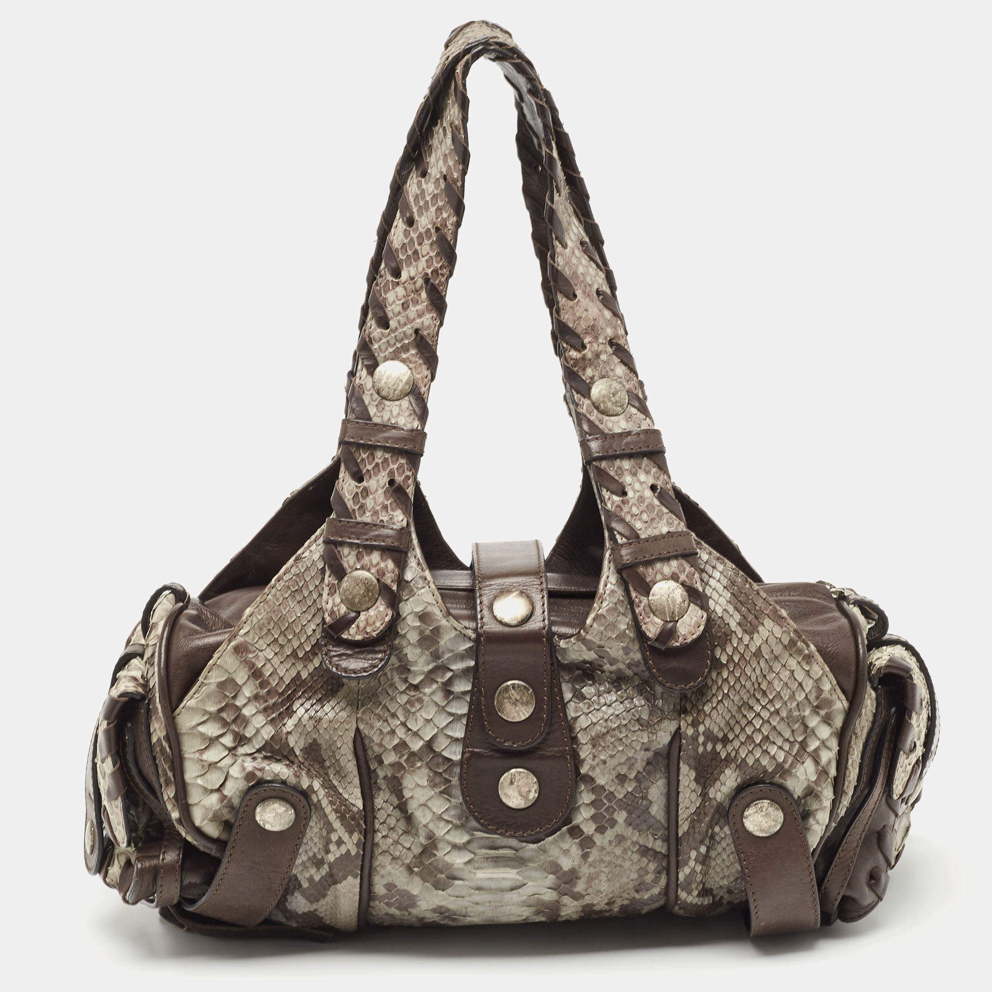 Pre Owned Chloe Dark Brown/Grey Python and Leather Silverado Satchel