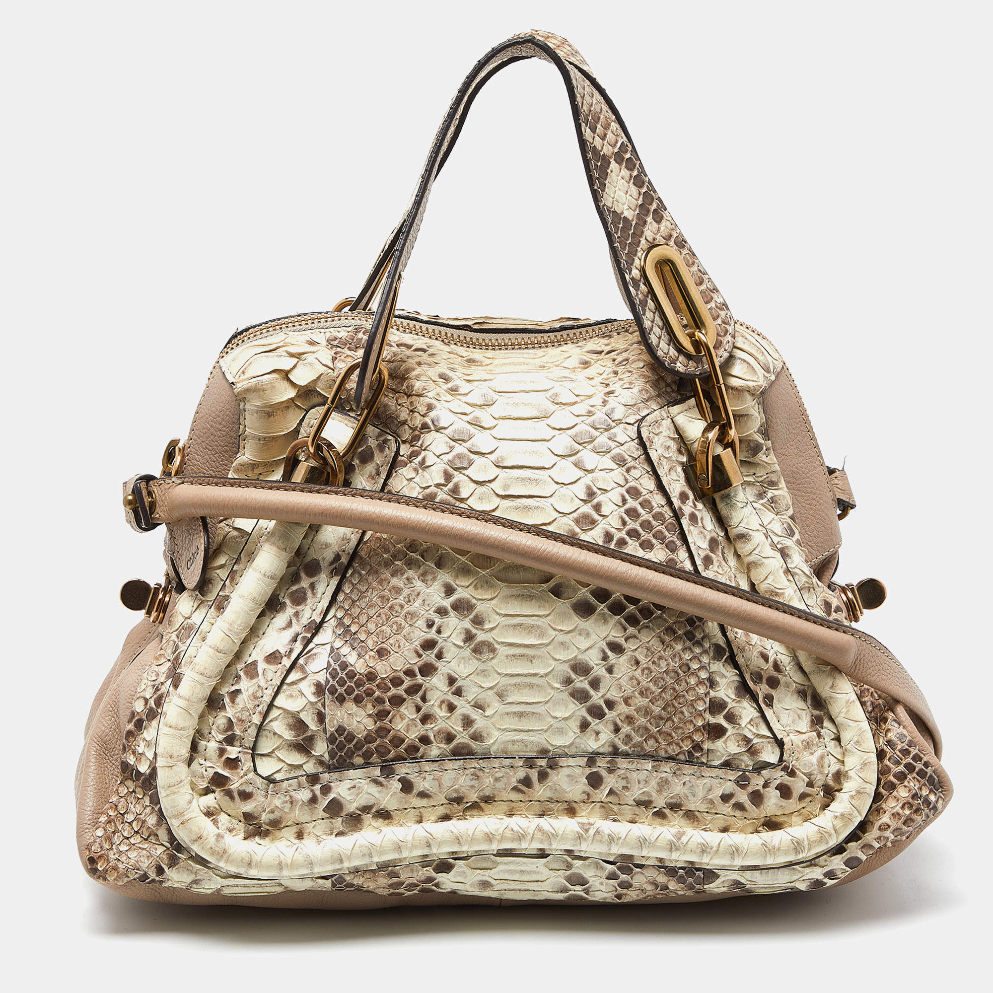 Pre Owned Chloe Beige Python and Leather Medium Paraty Satchel
