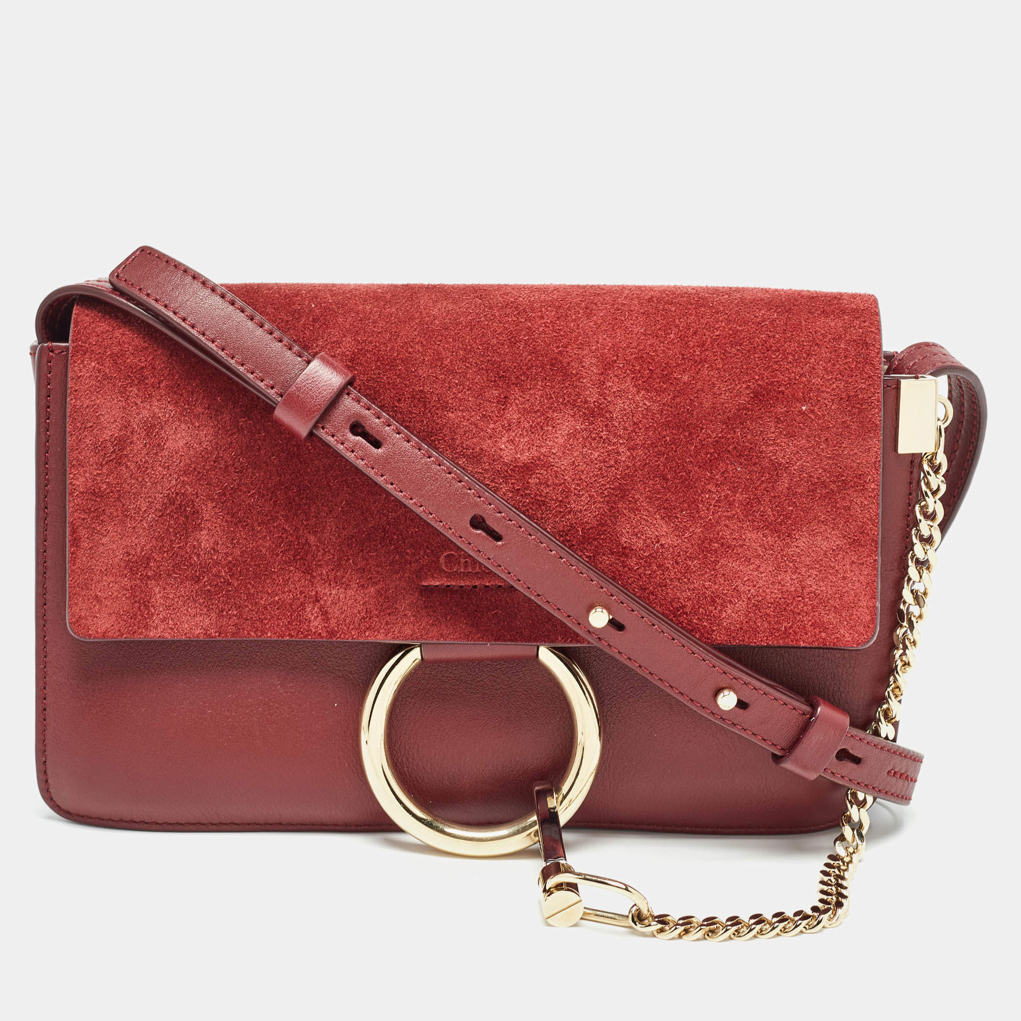 Chloe Burgundy Leather and Suede Small Faye Shoulder Bag