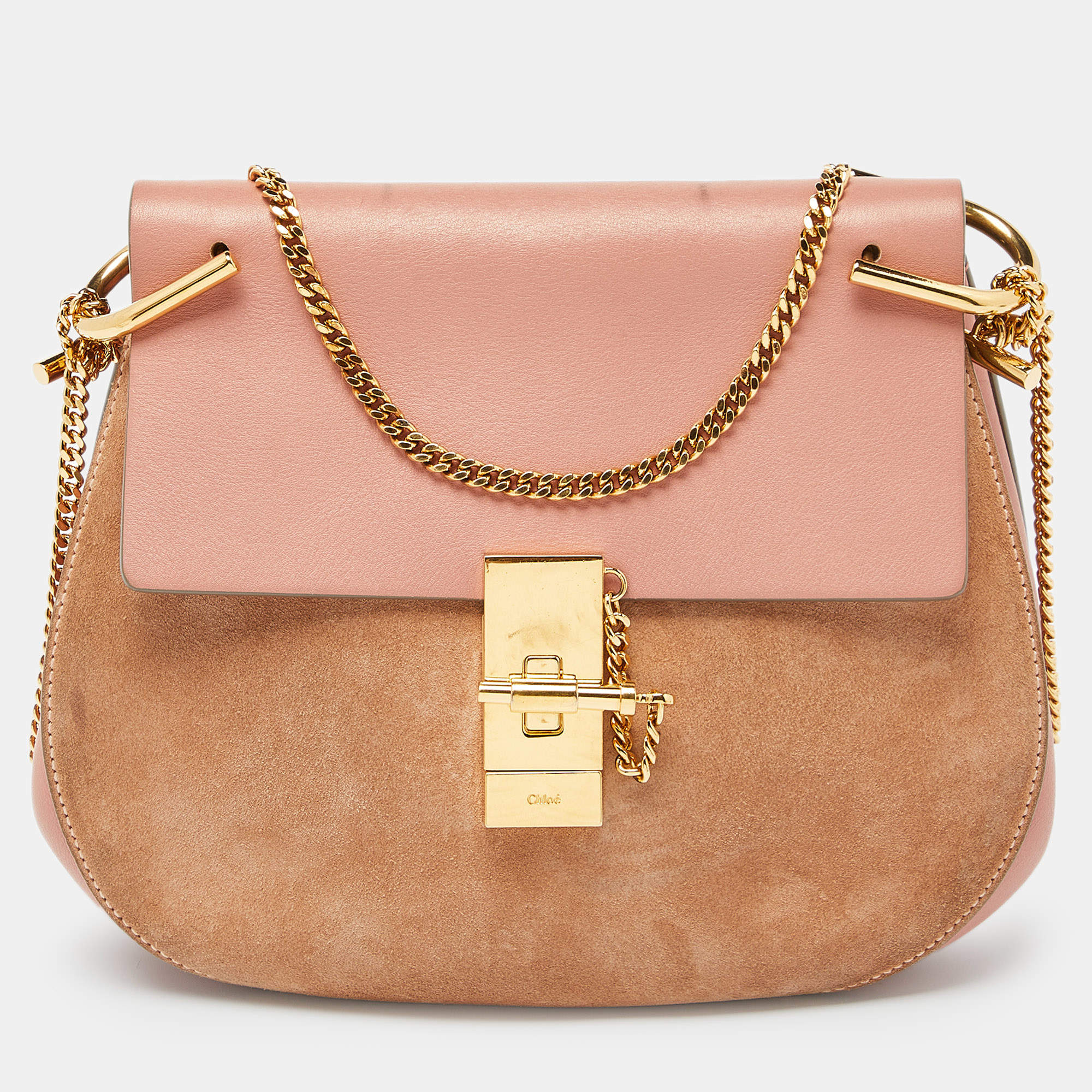 Pre Owned Chloe Two Tone Peach Leather and Suede Medium Drew Shoulder Bag