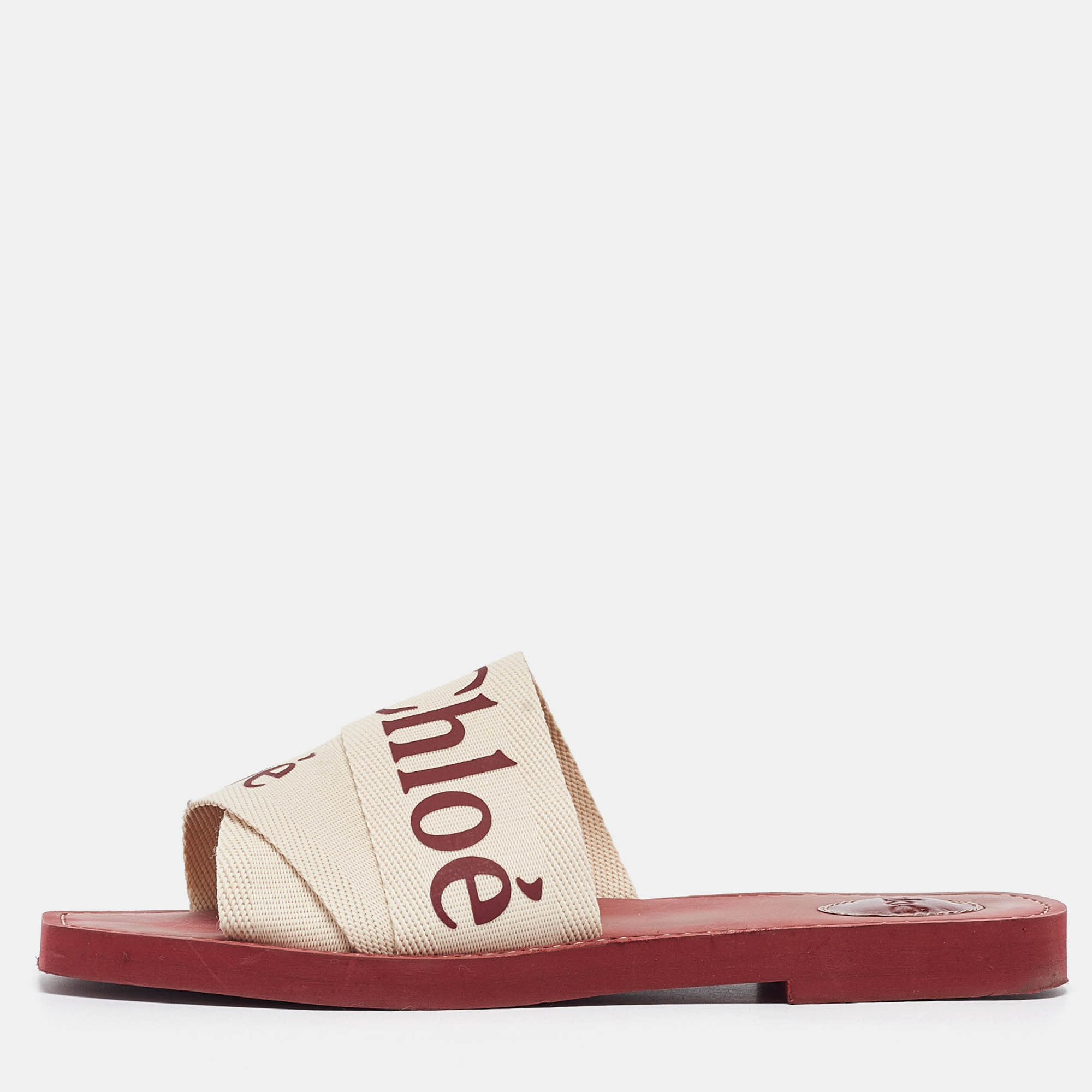 Chloe White Canvas Woody Flat Slide Size 38
