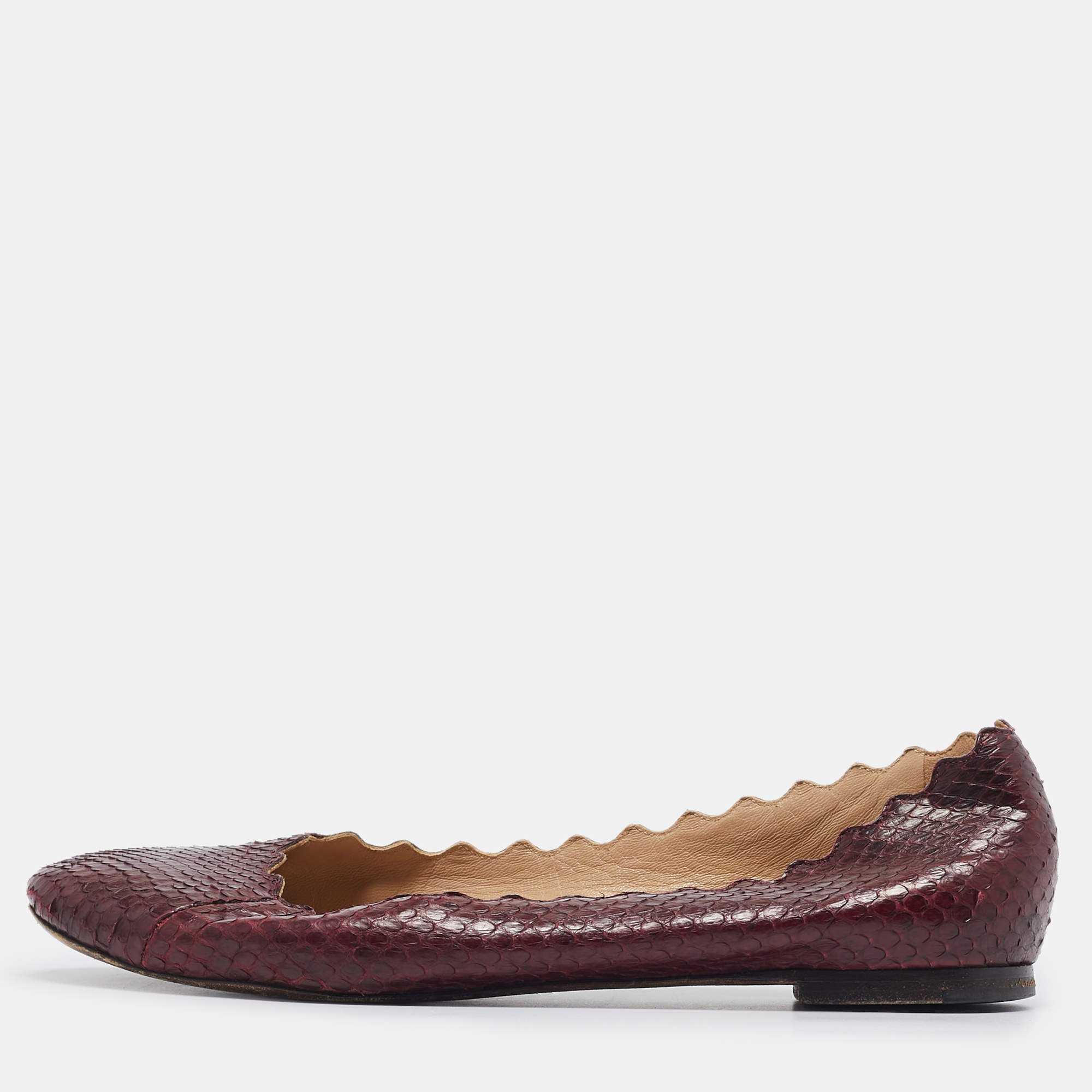 Chloe Burgundy Python Leather Lauren Scallop Ballet Flats Size 38