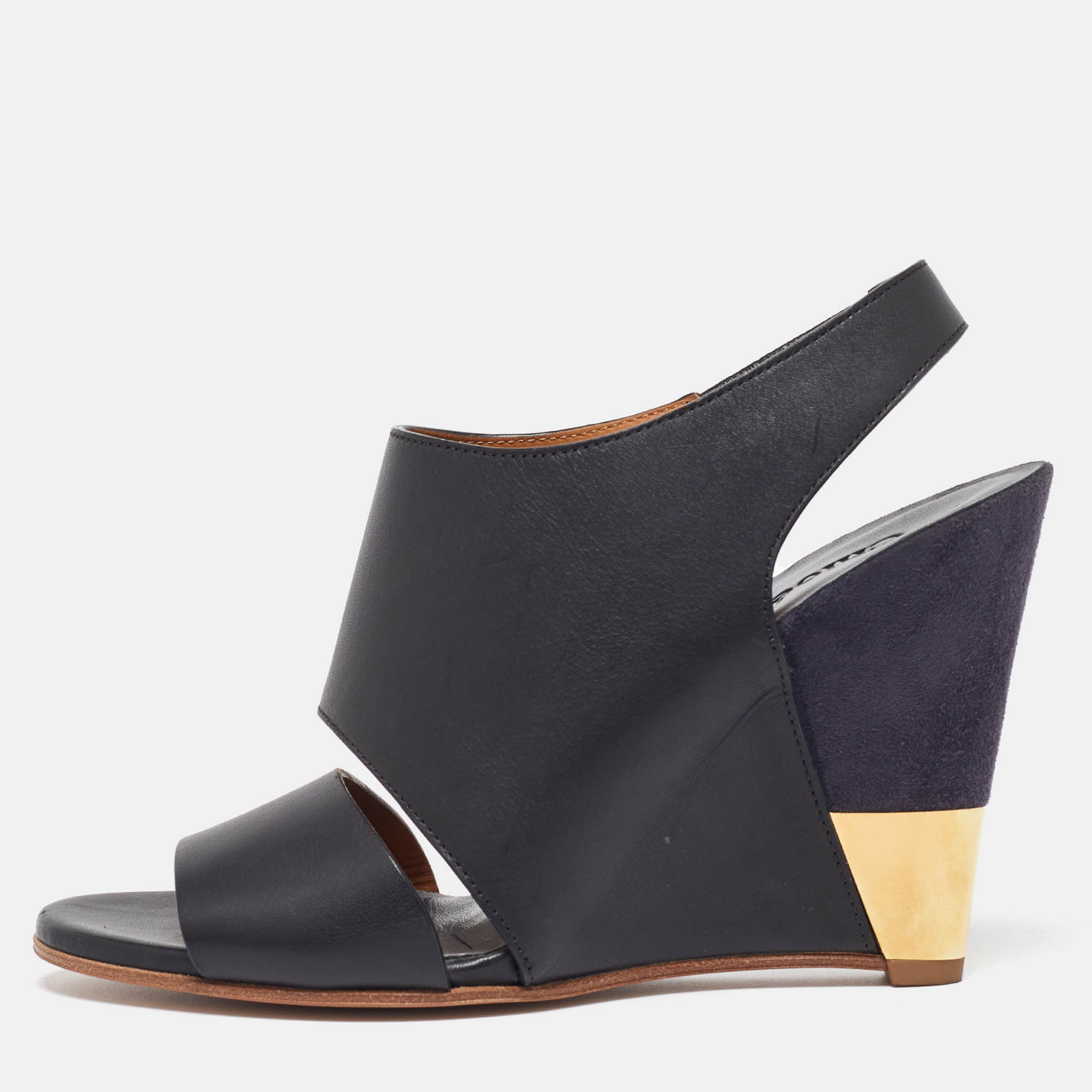 Chloe Black/Blue Suede and Leather Eliza Wedge Slingback Sandals Size 36