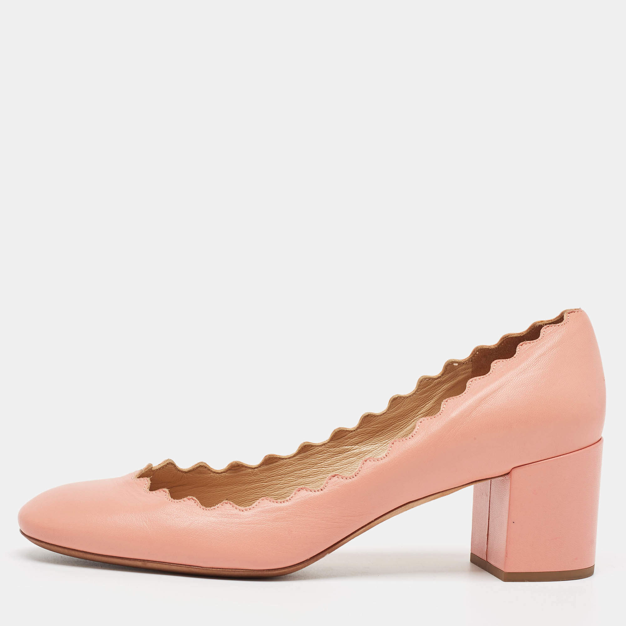 Pre Owned Chloe Pink Leather Laurena Scalloped Block Heel Pumps Size 37