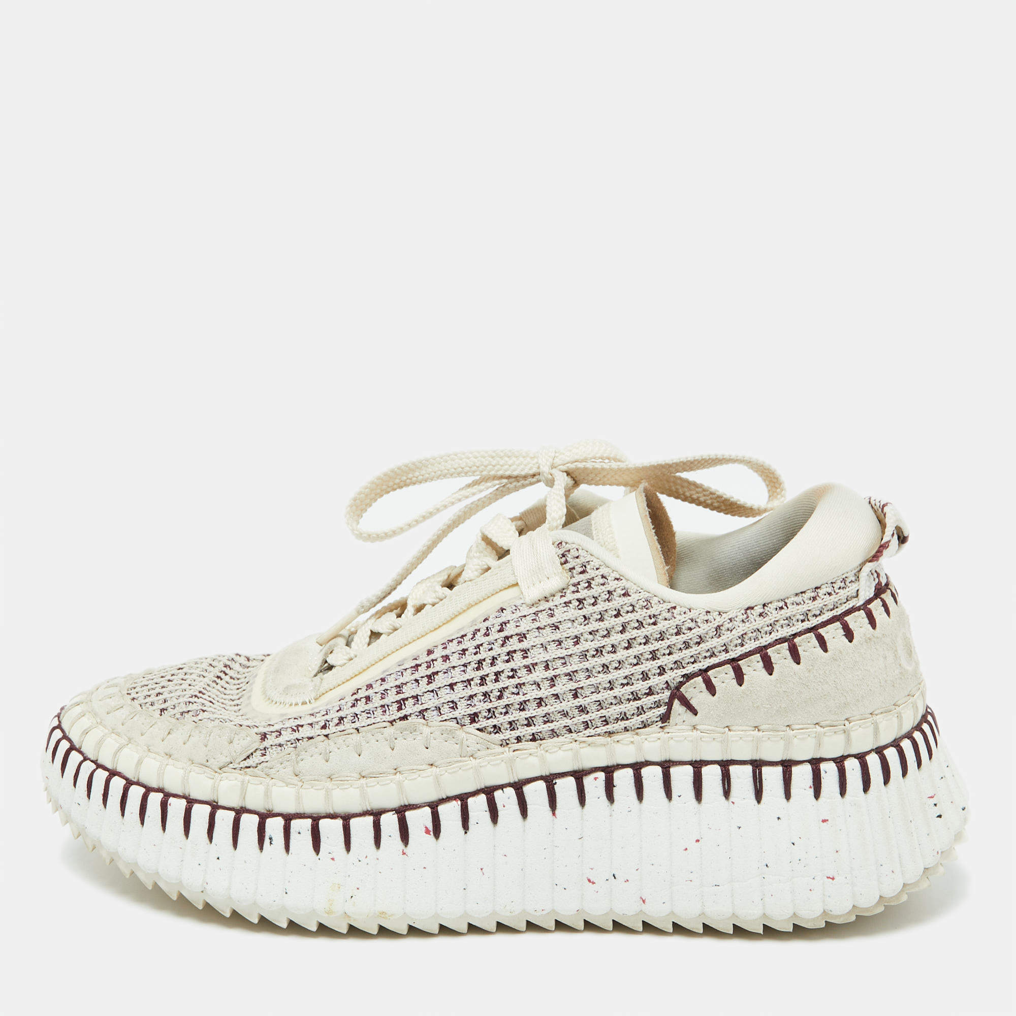 Pre Owned Chloe Grey/Burgundy Knit Fabric and Suede Nama Low Top Sneakers Size 39