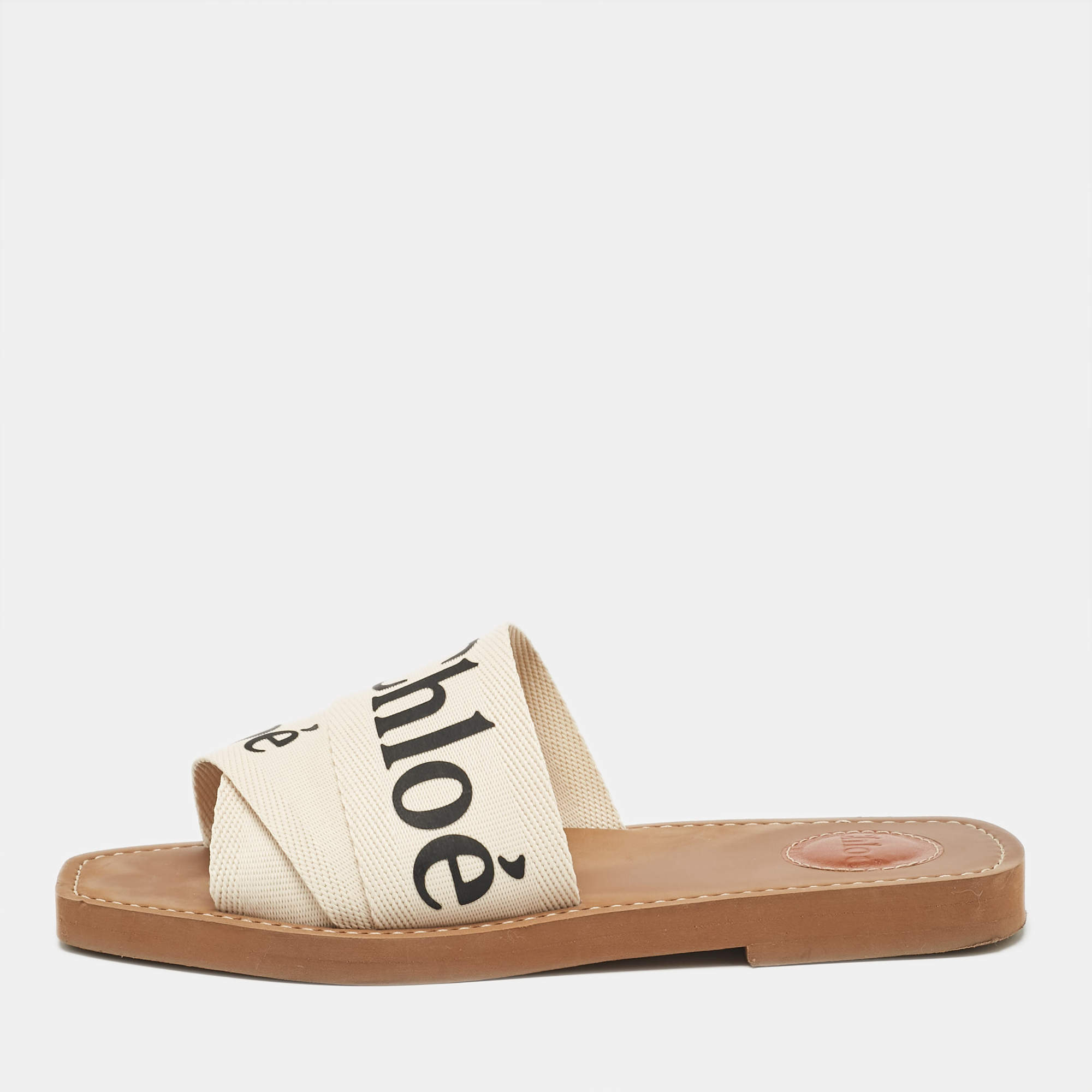 Chloe Cream Knit Fabric  Woody Flat Slides Size 37