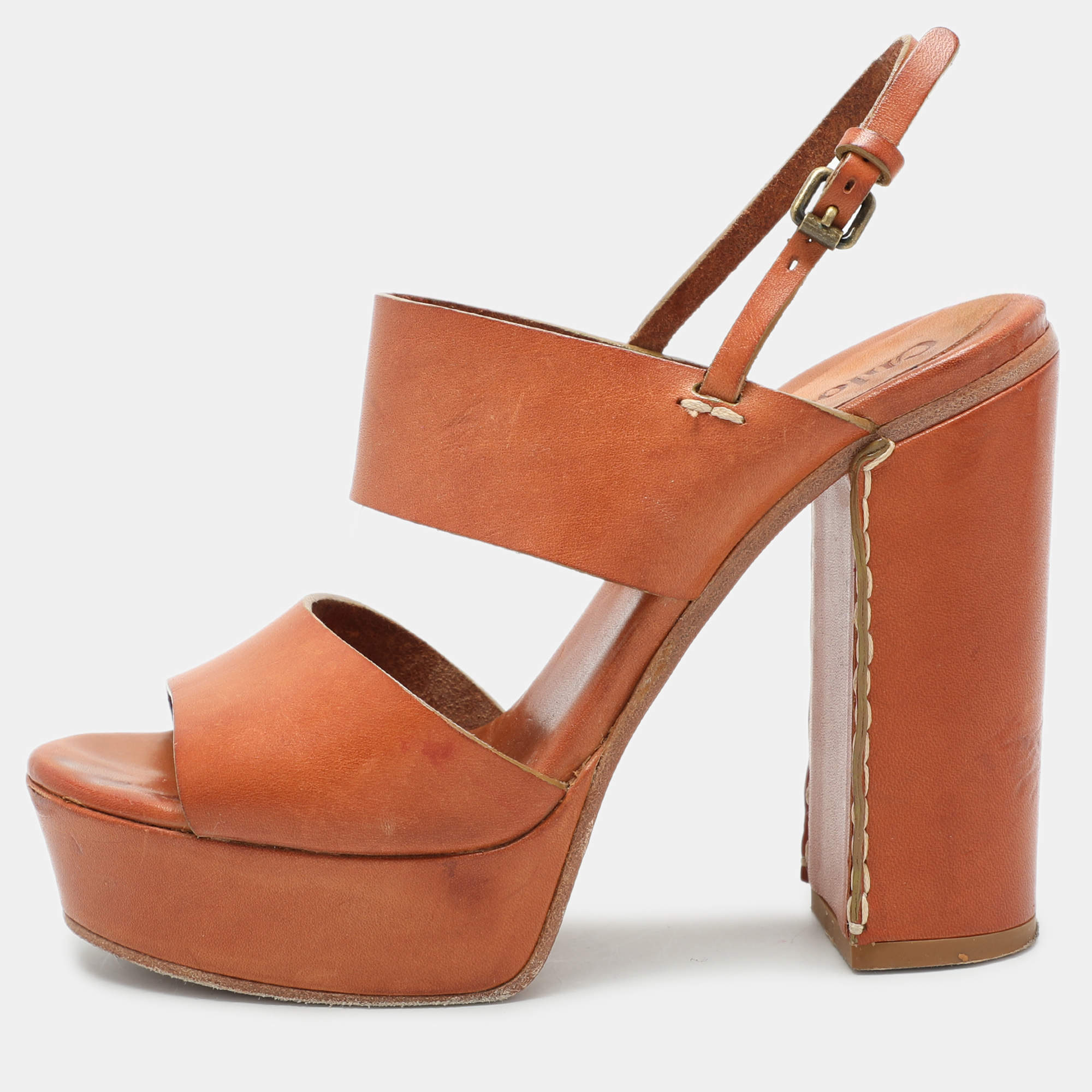 Chloe Brown Leather Platform Ankle Strap Sandals Size 35.5