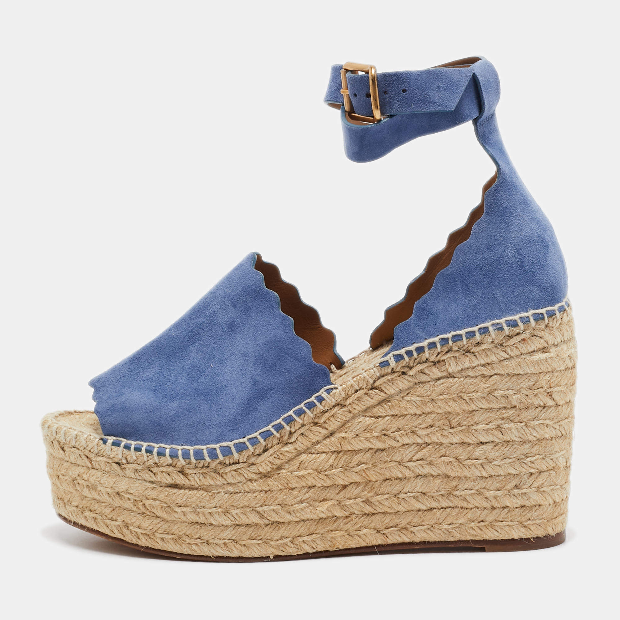 مملوكة مسبقًا Chloe Blue Suede Wedge Espadrille Sandals Size 41
