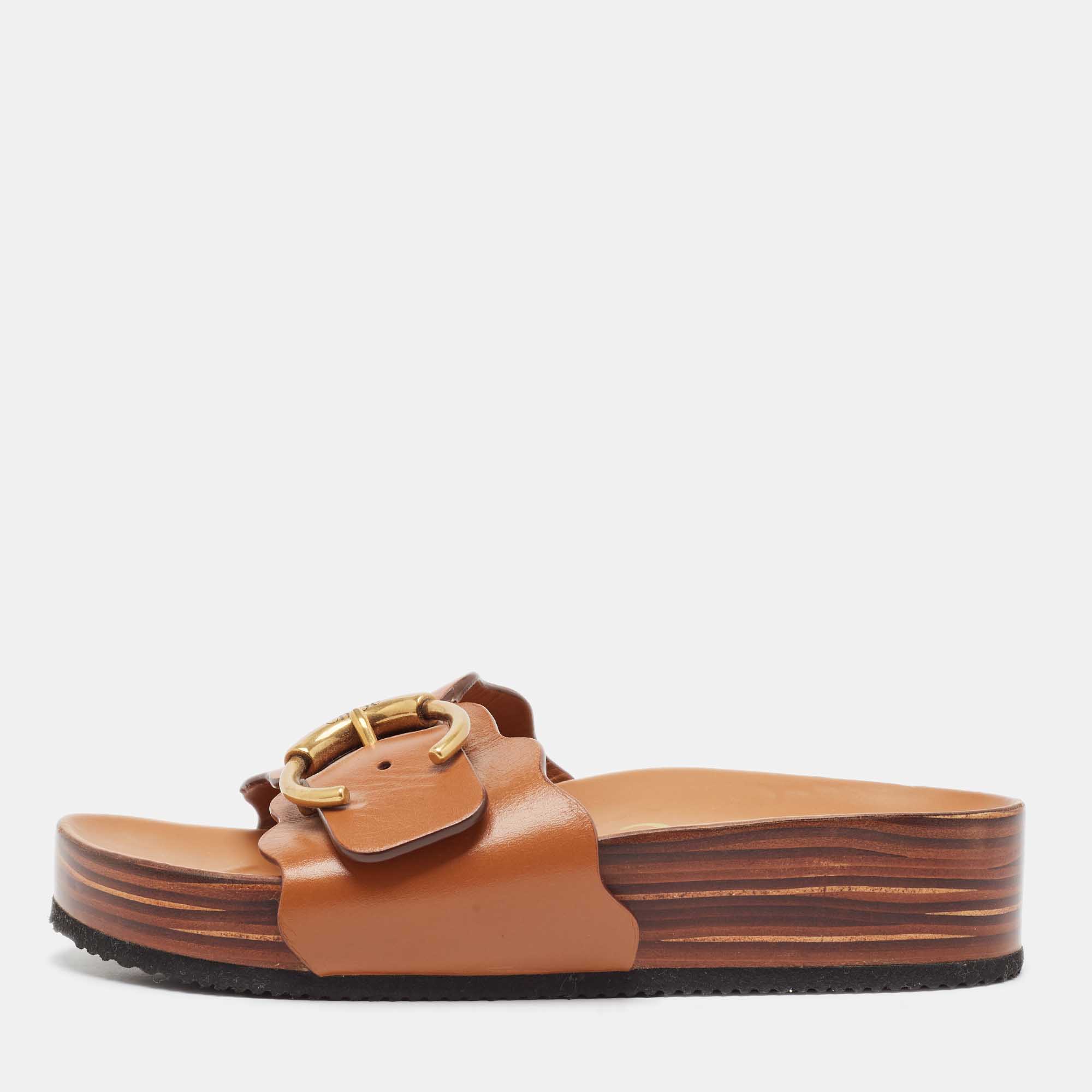 Pre Owned Chloe Brown Leather Buckle Wedge Sandals Size 38