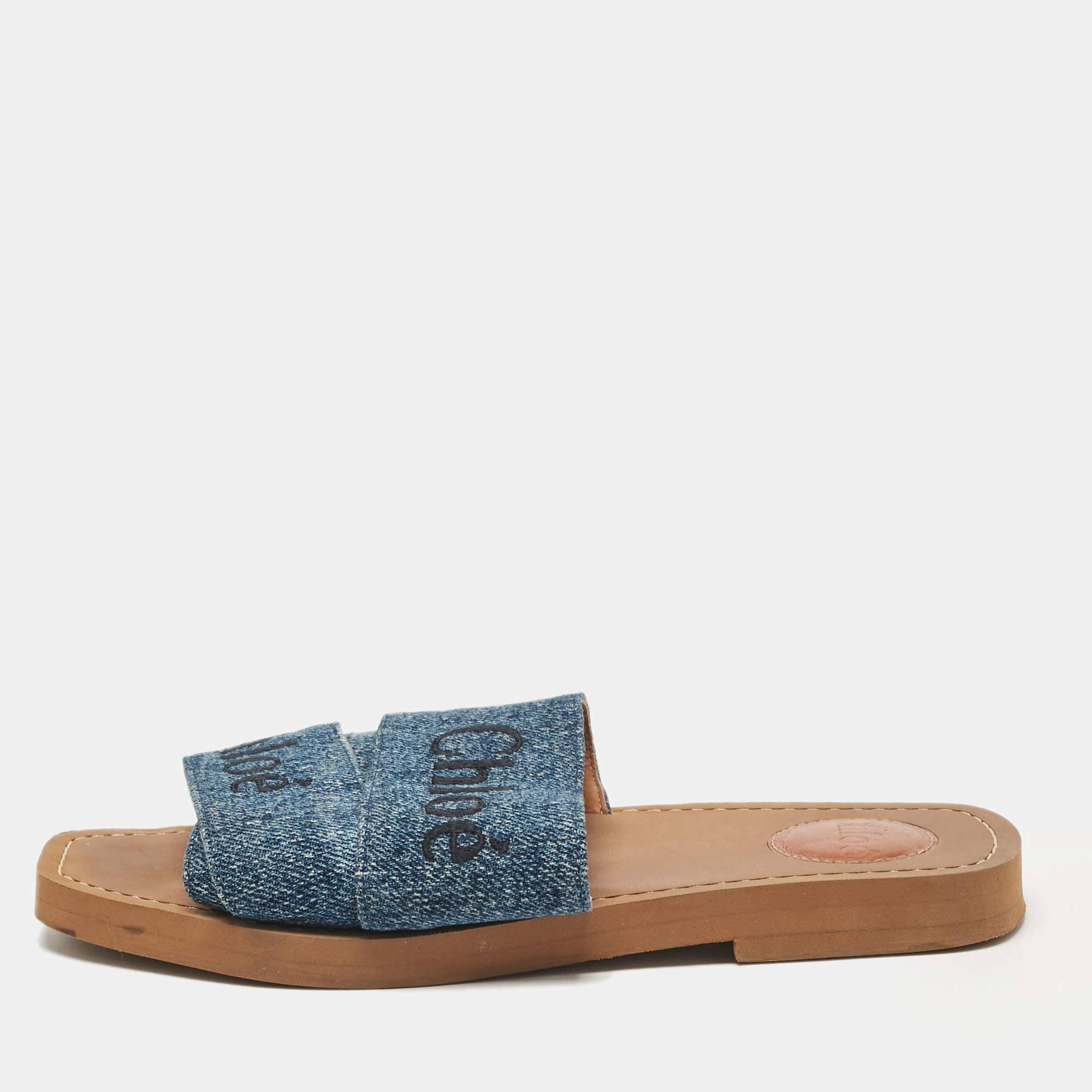 Chloé Blue Denim Woody Flat Sandals Size 36