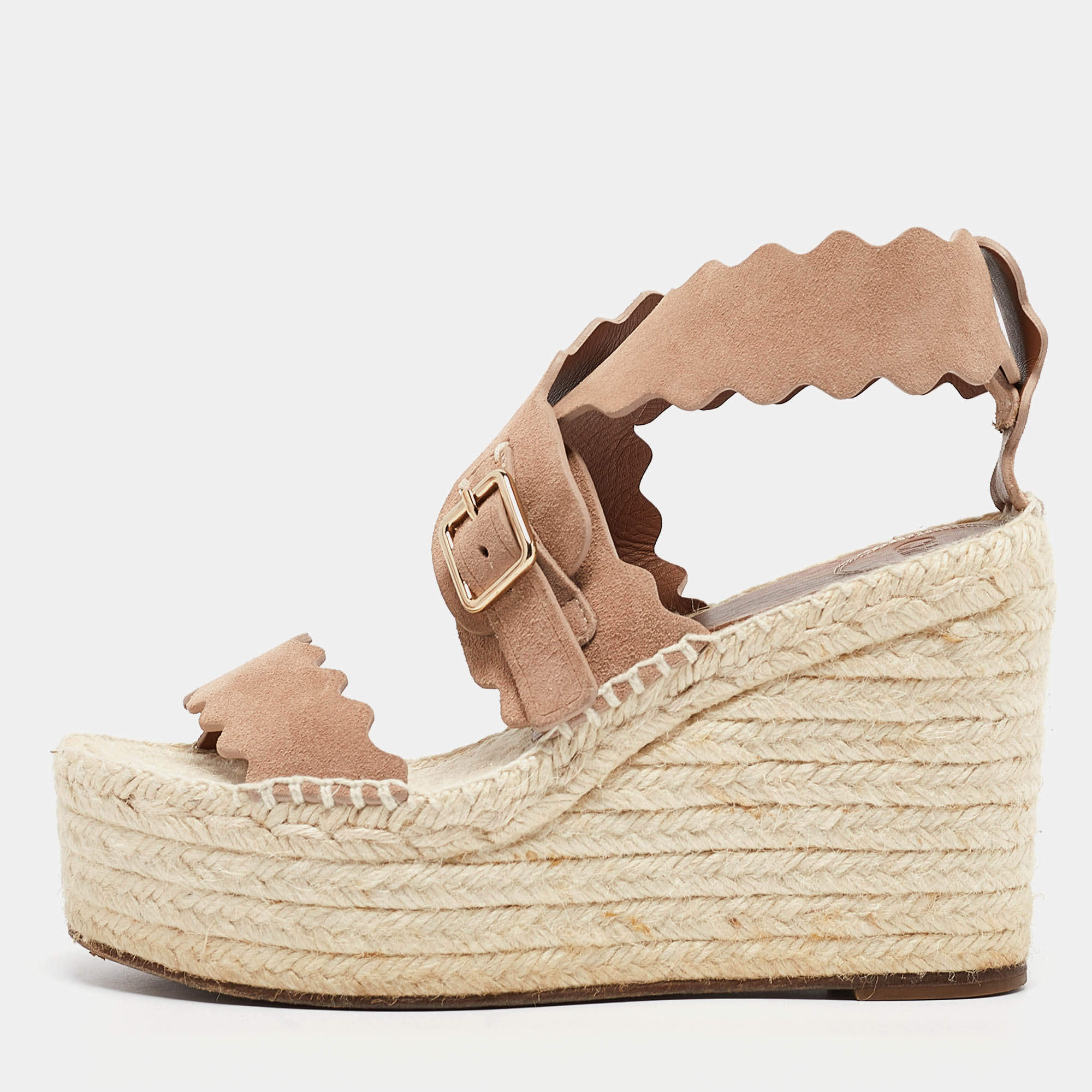 Chloe Beige Suede Laurena Scalloped Wedge Sandals Size 37