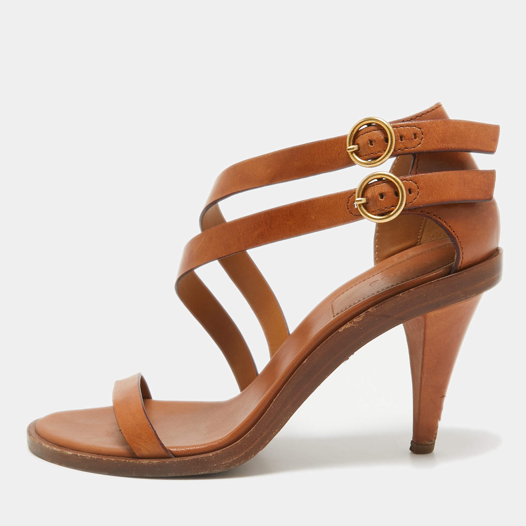 Chloe Brown Leather Double Ankle Strap Niko Sandals Size 38
