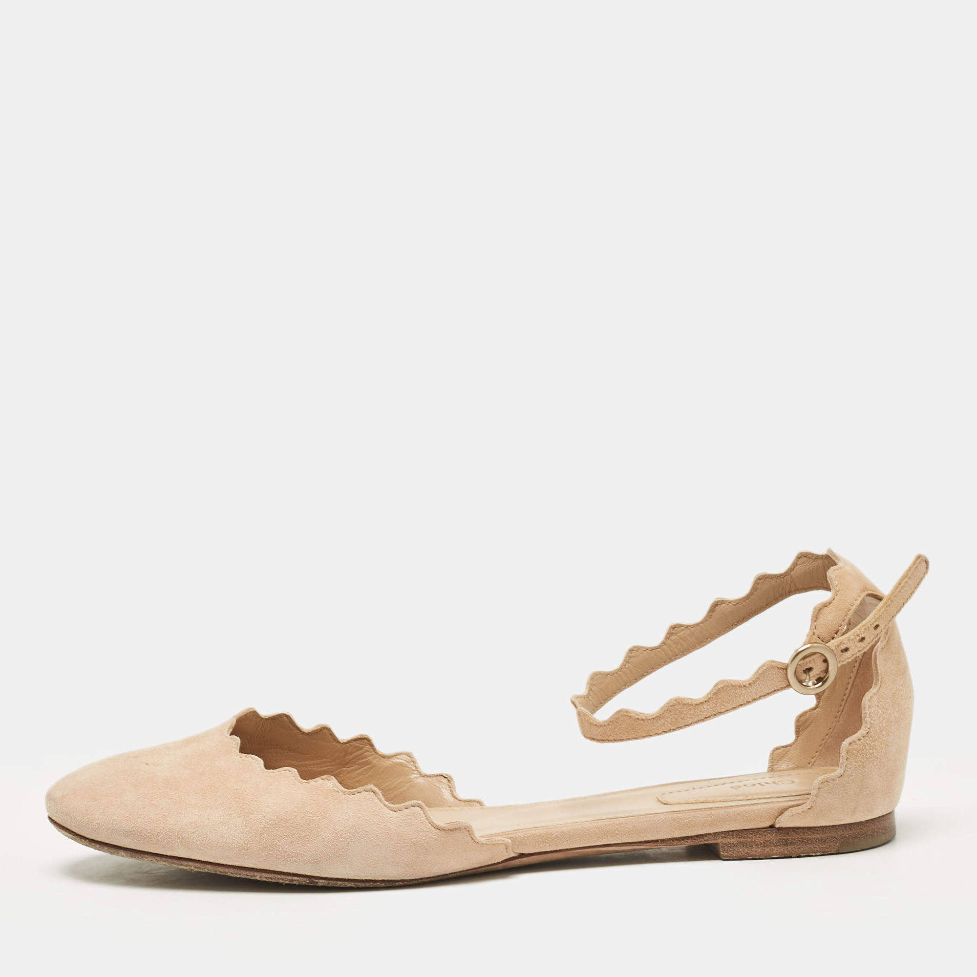 Chloe Beige Suede Lauren Scalloped Ankle Strap Ballet Flats Size 37.5