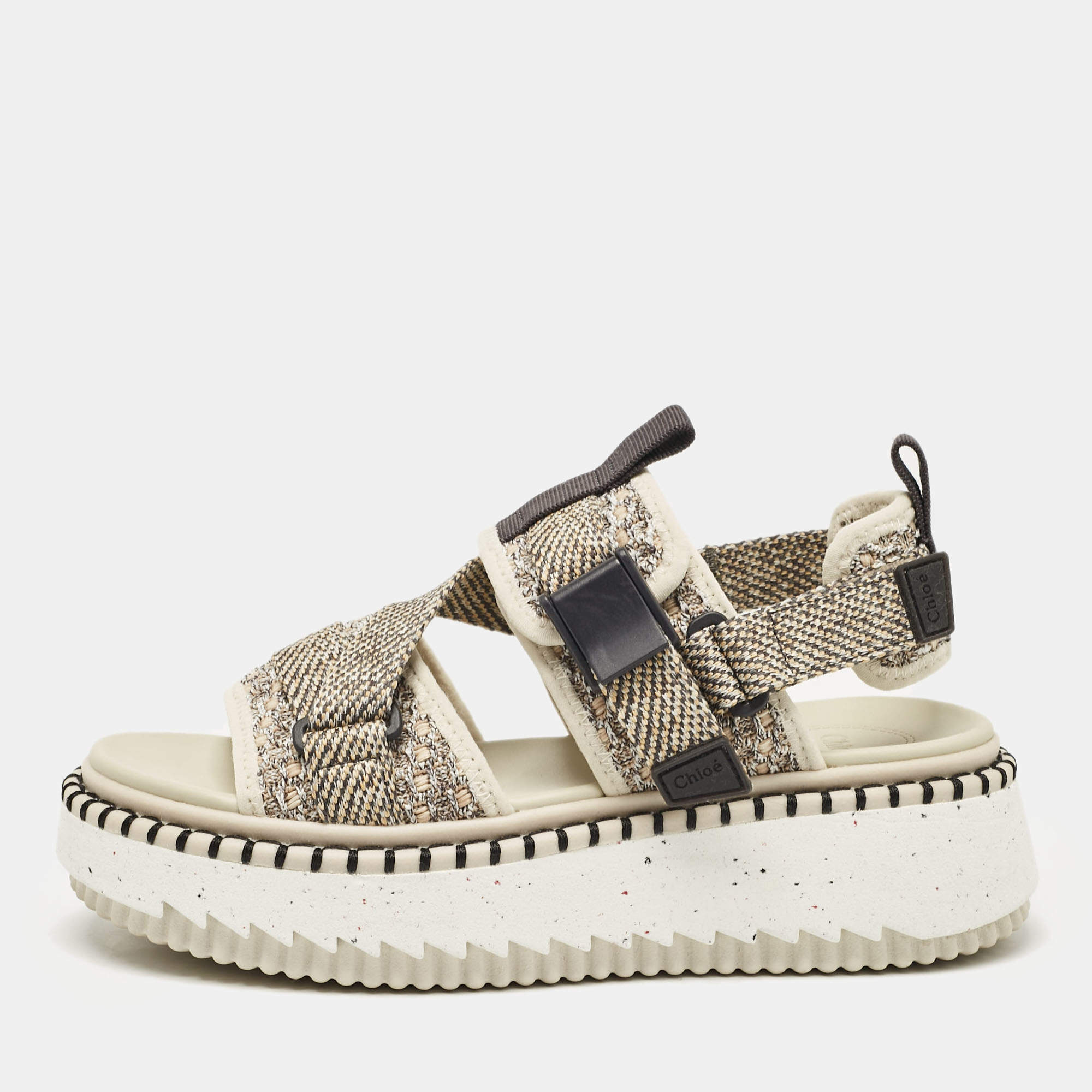 مملوكة مسبقًا Chloe Cream/Brown Canvas Lilli Ankle Strap Sandals Size 37