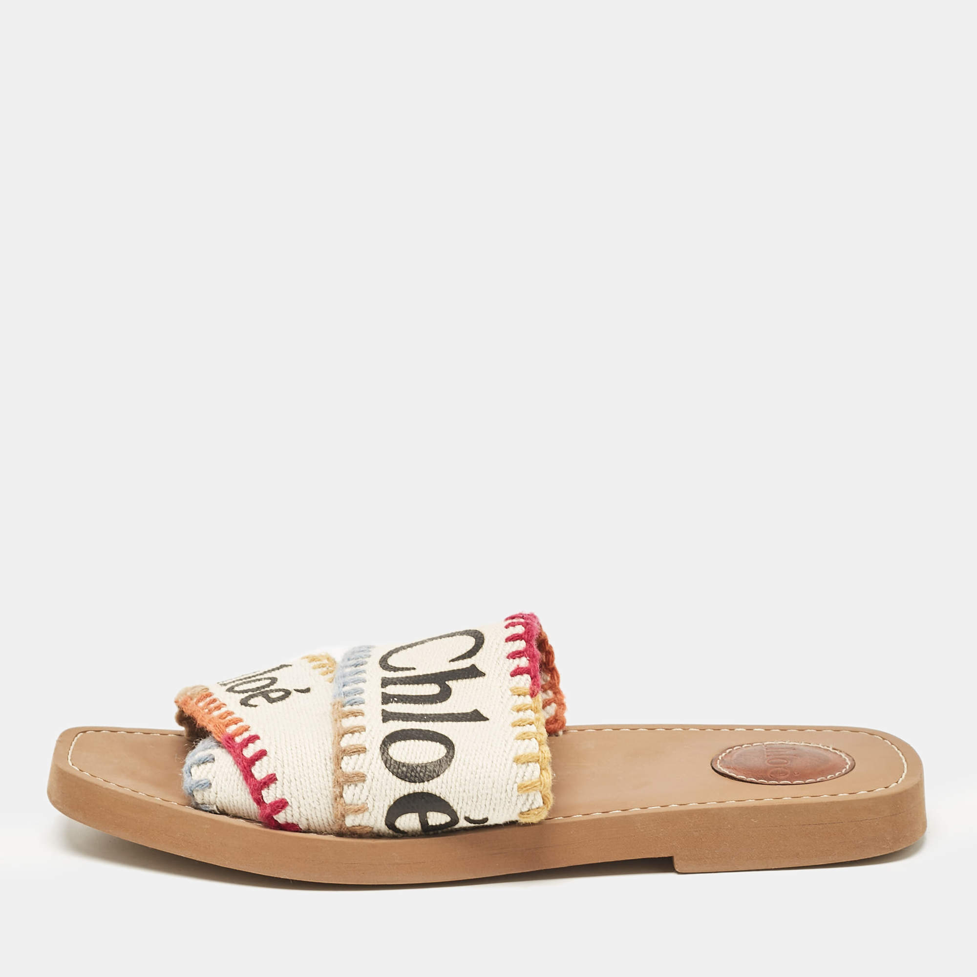 Pre Owned Chloe Multicolor Canvas Woody Flat Sandals Size 37