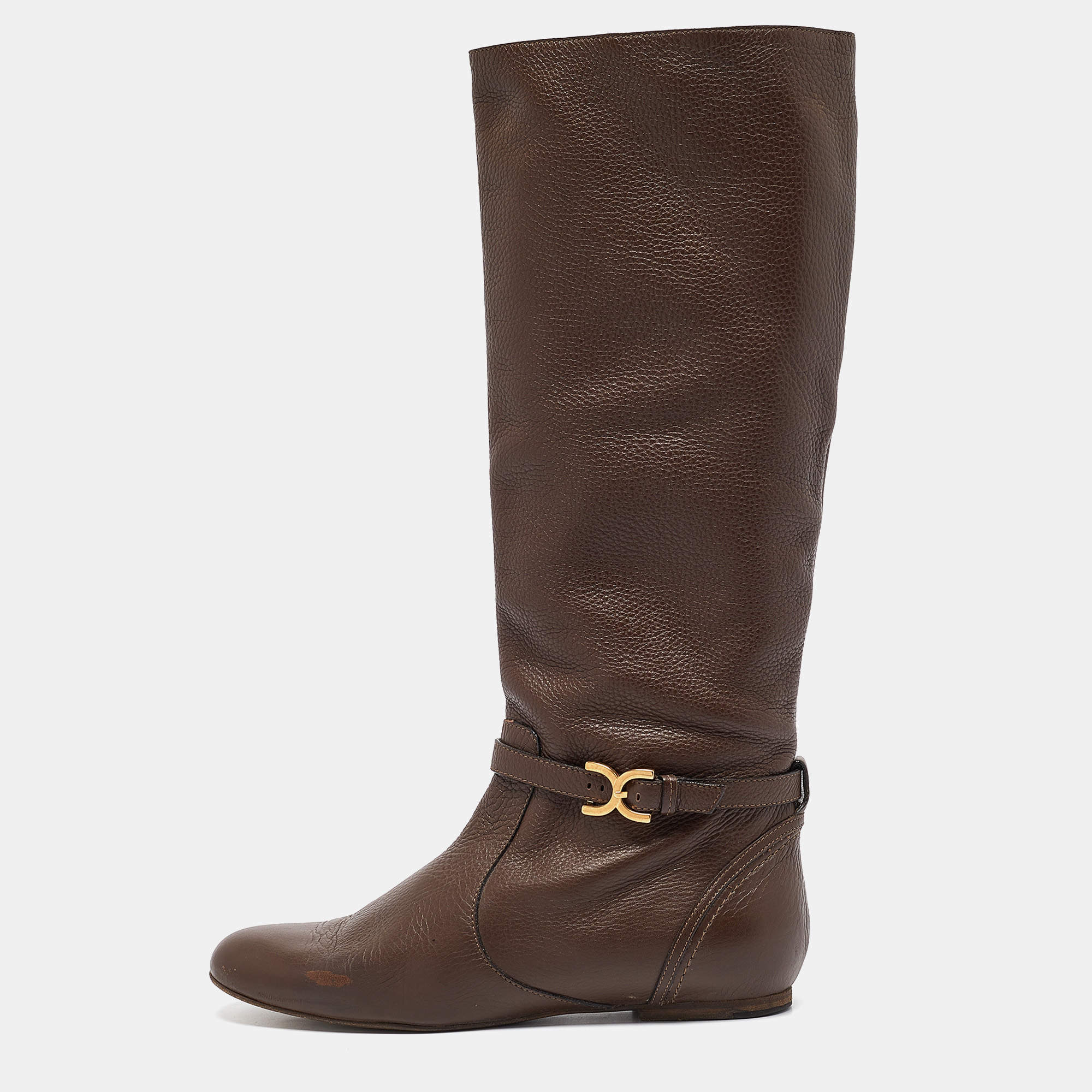 Pre Owned Chloe Dark Brown Leather Knee Length Boots Size 41