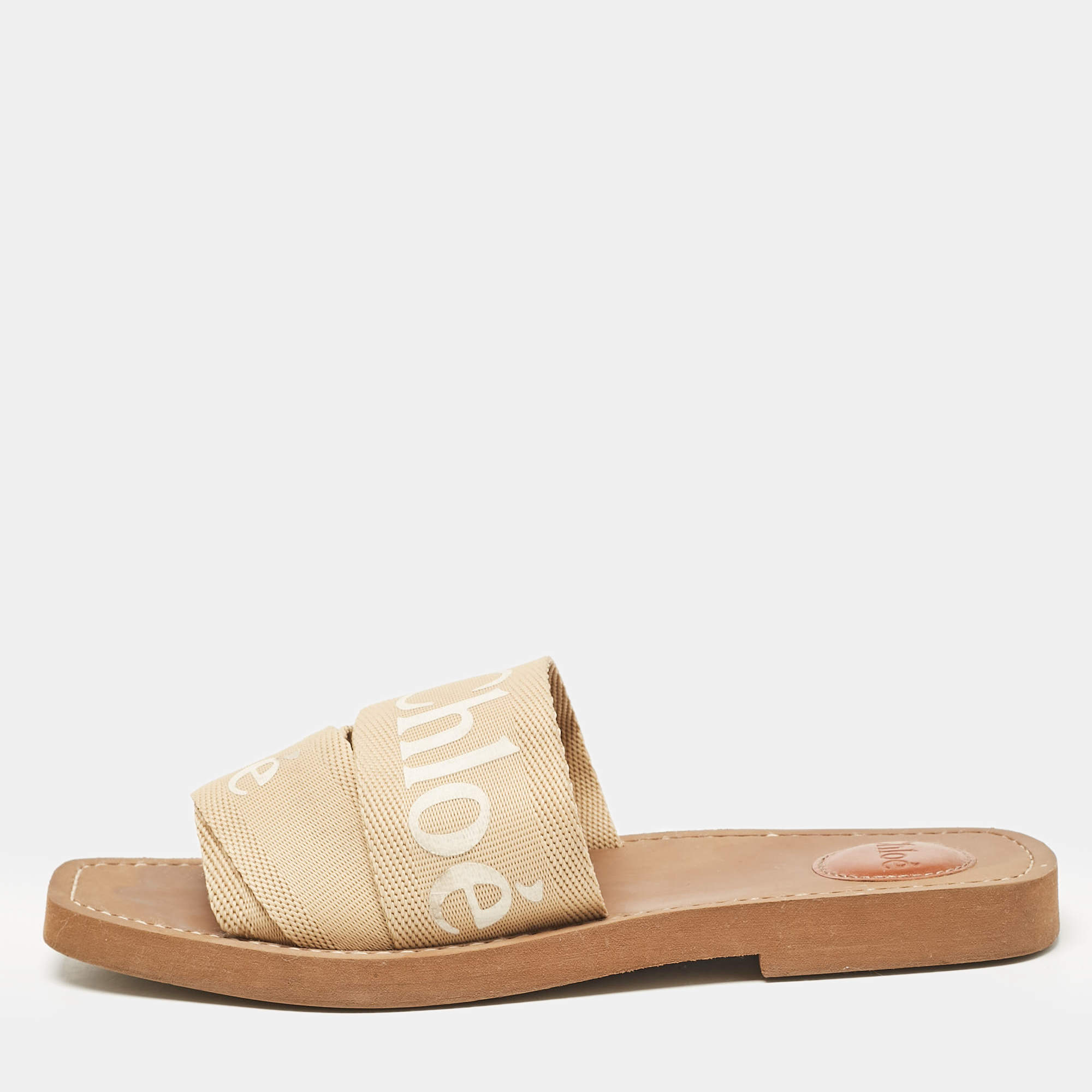 Chloe Beige Canvas Woody Flat Slides Size 38