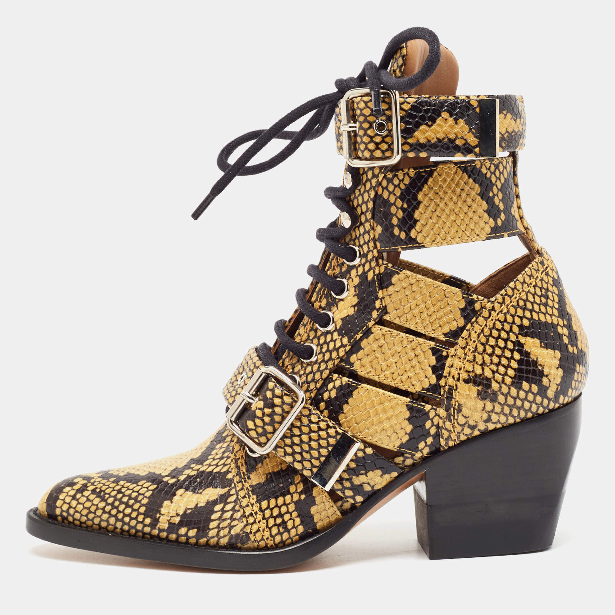 Chloe Black/Brown Python Embossed Leather Rylee Ankle Length Boots Size 36