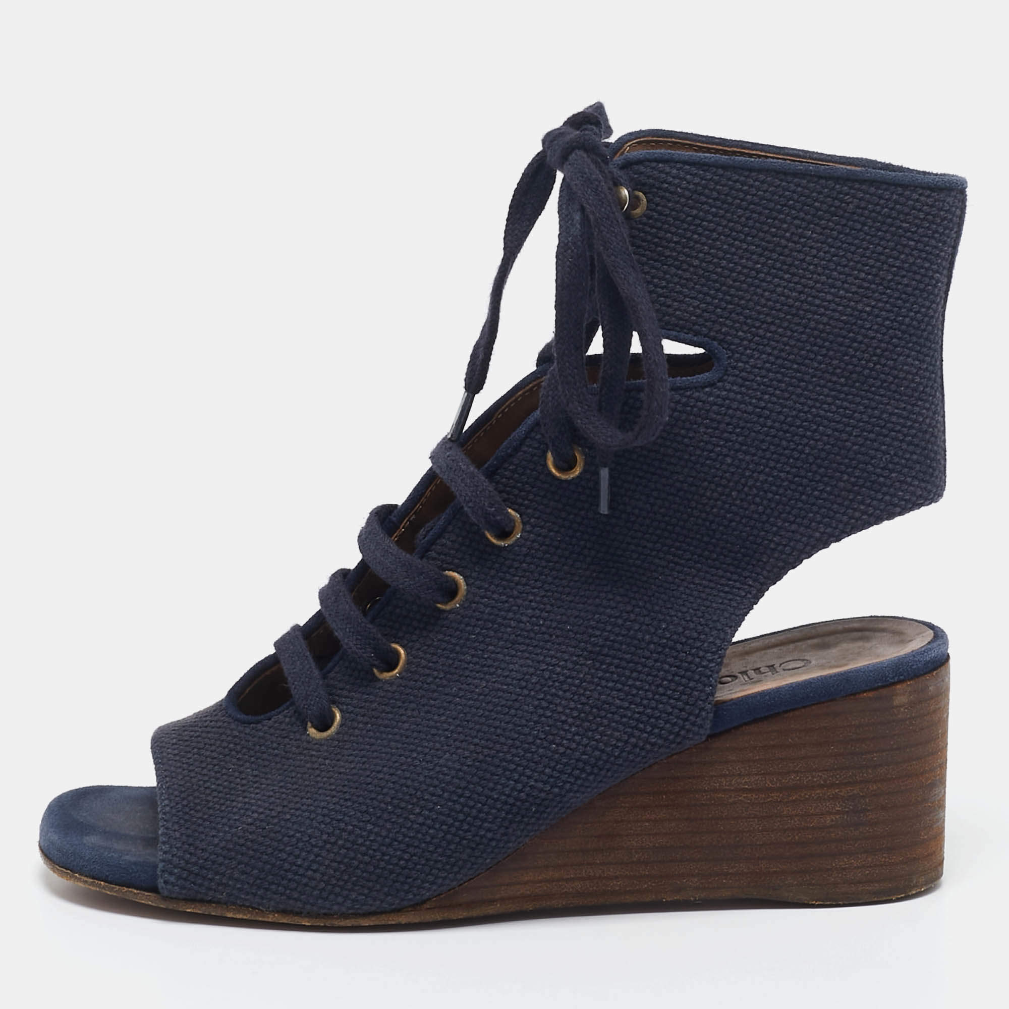 Chloe Navy Blue Canvas Lace Up Open Toe Wedge Booties Size 37