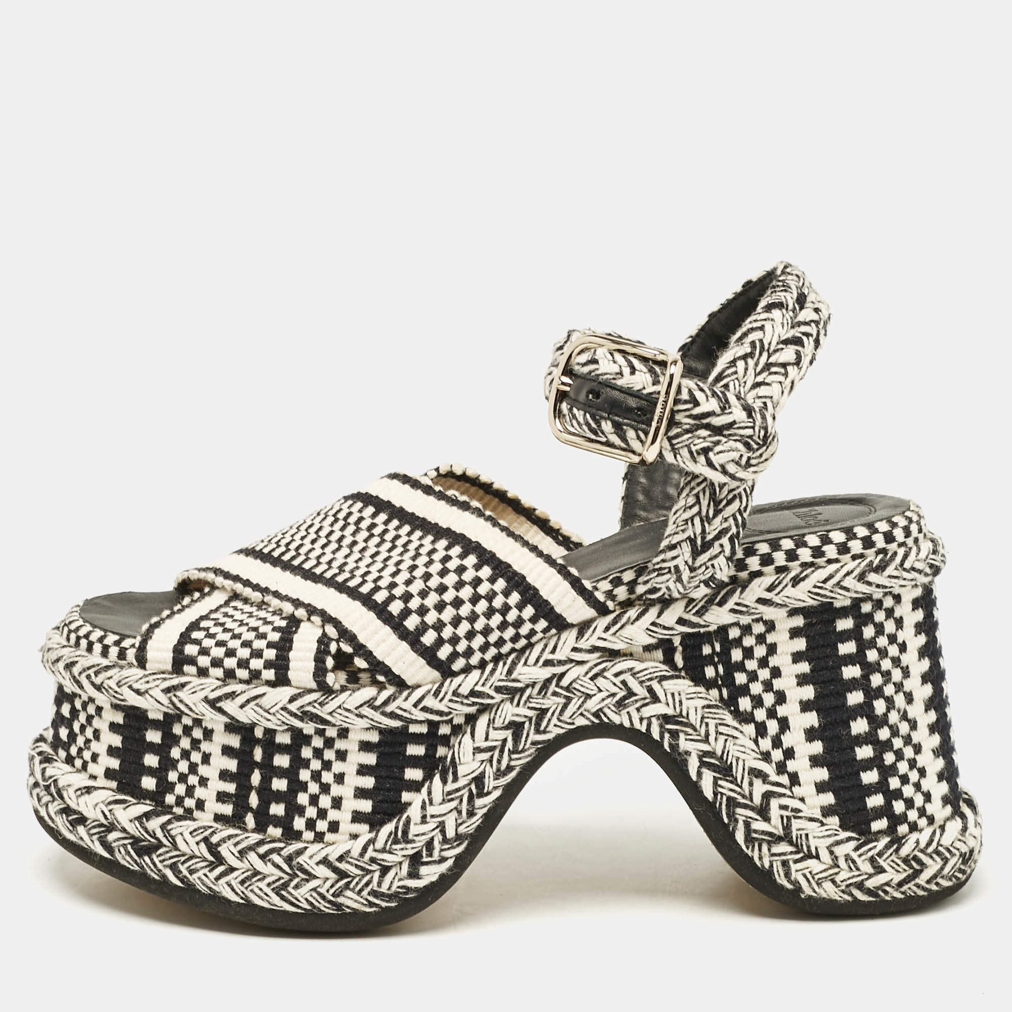 Chloe Black/White Fabric Printed Braided Accents Block Heel Sandals Size 37