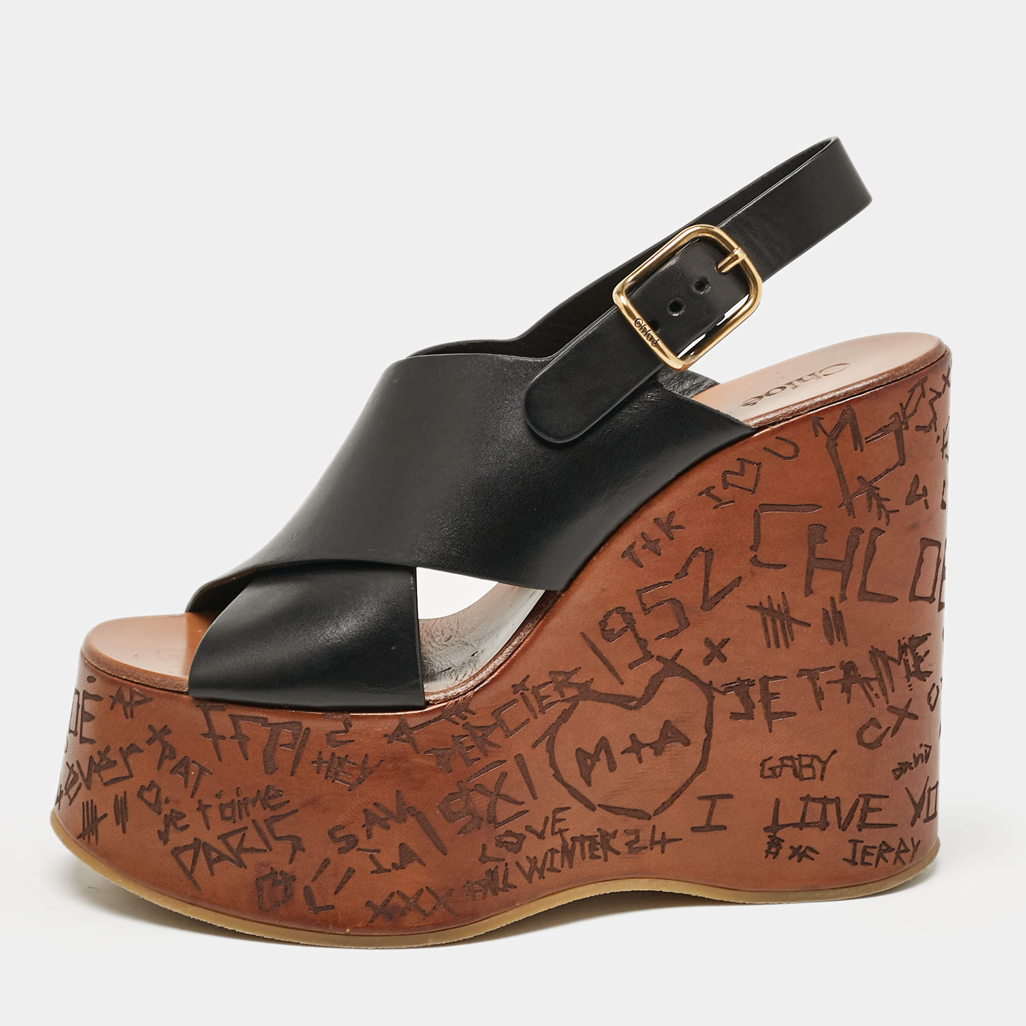 Chloe Black Leather Maxime Wedge Sandals Size 38