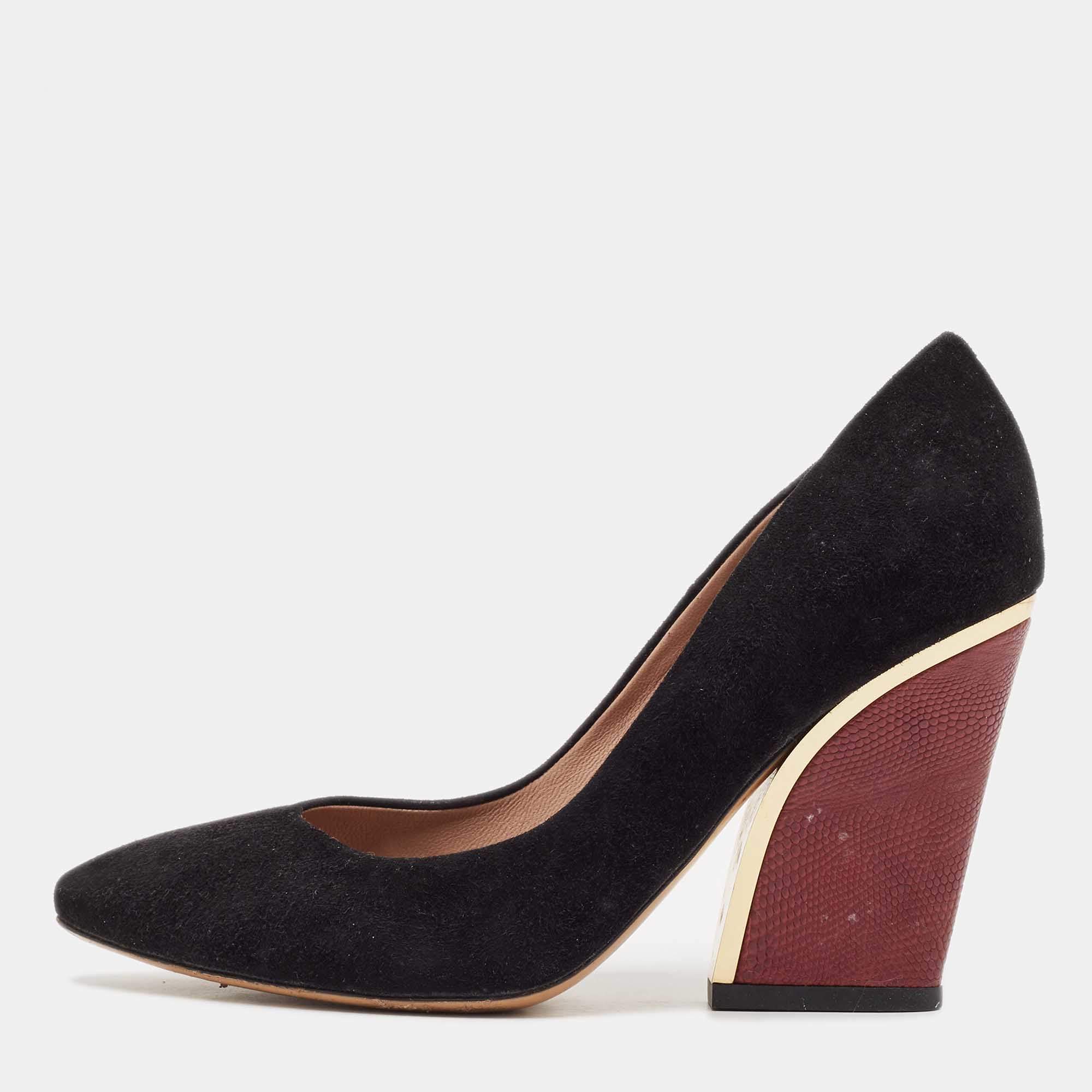 Chloe Black/Burgundy Lizard Embossed Leather and Suede Block Heel Pumps Size 38