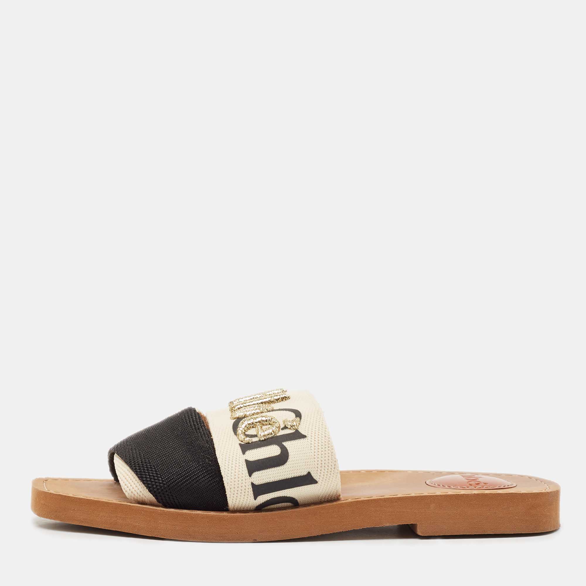 Chloe White/Black Canvas Woody Slide Flats Size 36